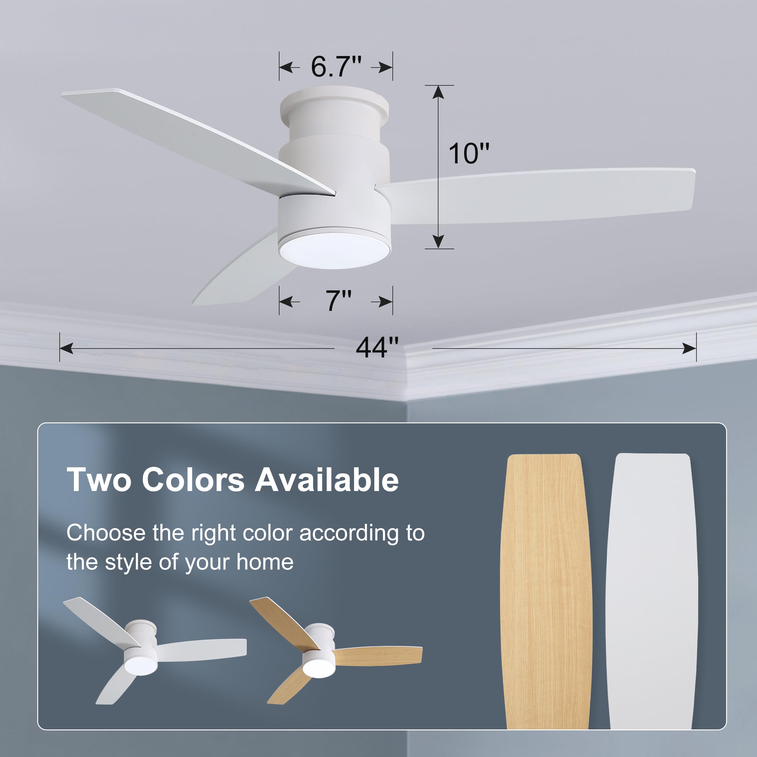 WINGBO 42\" Flush Mount Ceiling Fan With Lights & Remote, 3 ABS Blades, 6 Speed