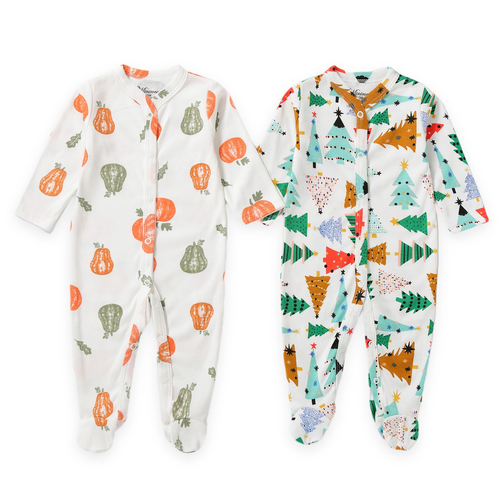 Minicoco Baby Girls Cotton Footies 2-Pack Long Sleeve Baby Footed One-Piece Jumpsuit