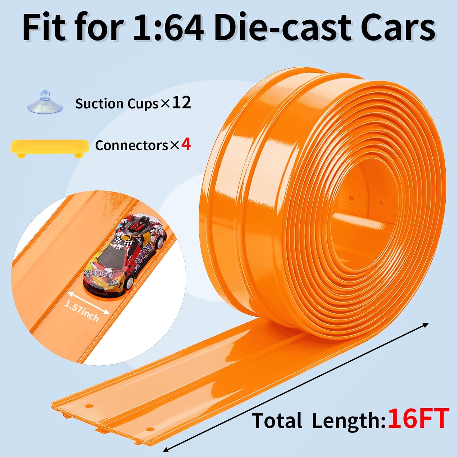16 ft flexible car race track, flex ramp with 12 suction cups, compatible with hot wheels and diecast 1/64th cars, double tracks long rolls up portable racetrack (orange)