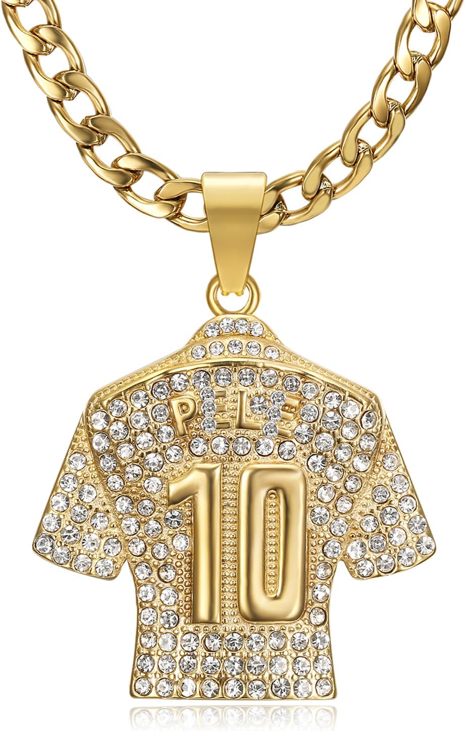 NEGS Pele Soccer Jersey Number 10 Pendant Football Star Stainless Steel Necklace for Men Women, 24 Inch 7mm Chains Soccer Player Jewelry Gift, golden