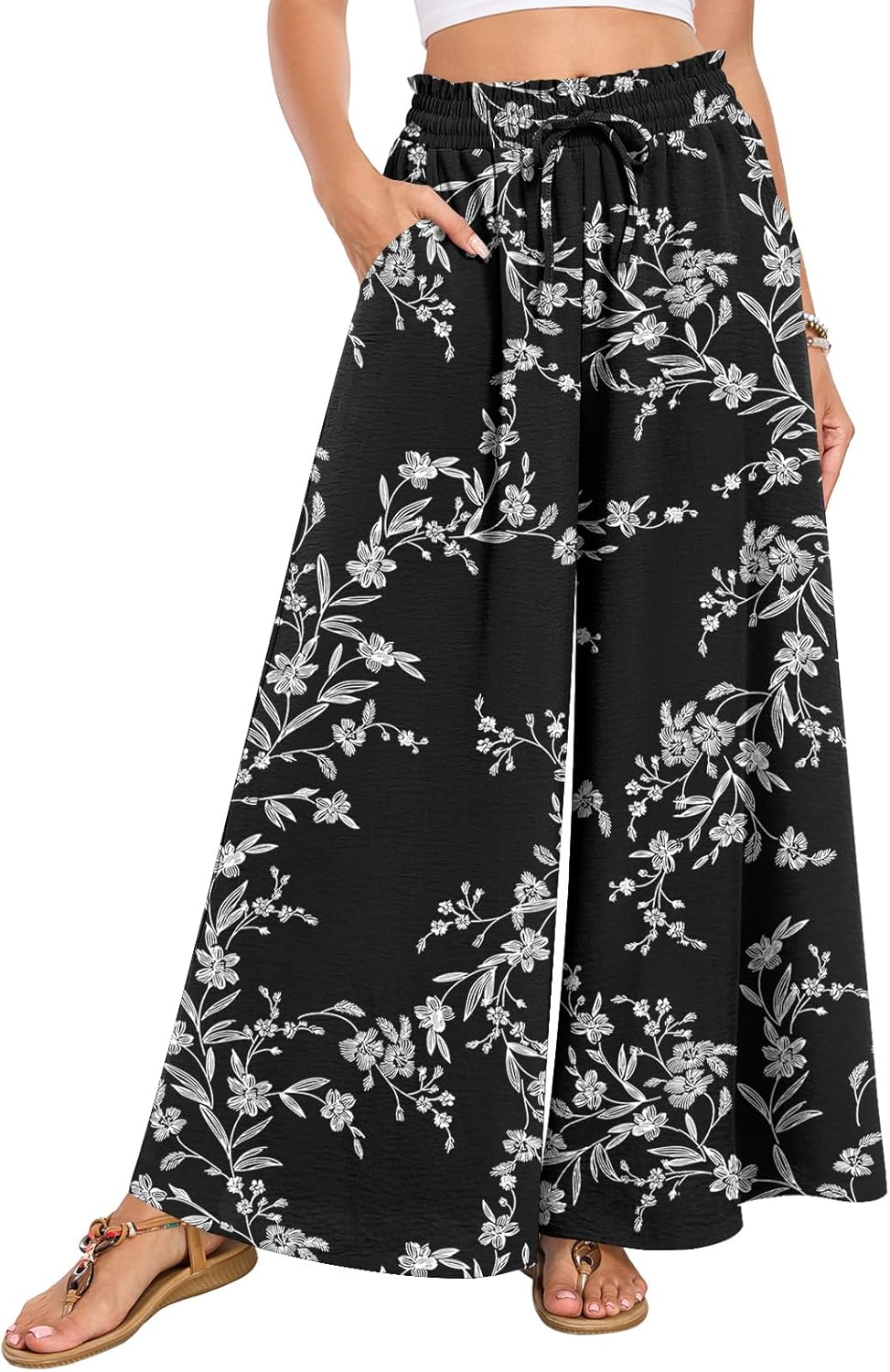 Netsmile Women's Wide Leg Palazzo Pants Dressy Flowy Casual High Waist Drawstring Beach Boho Trousers with Pockets