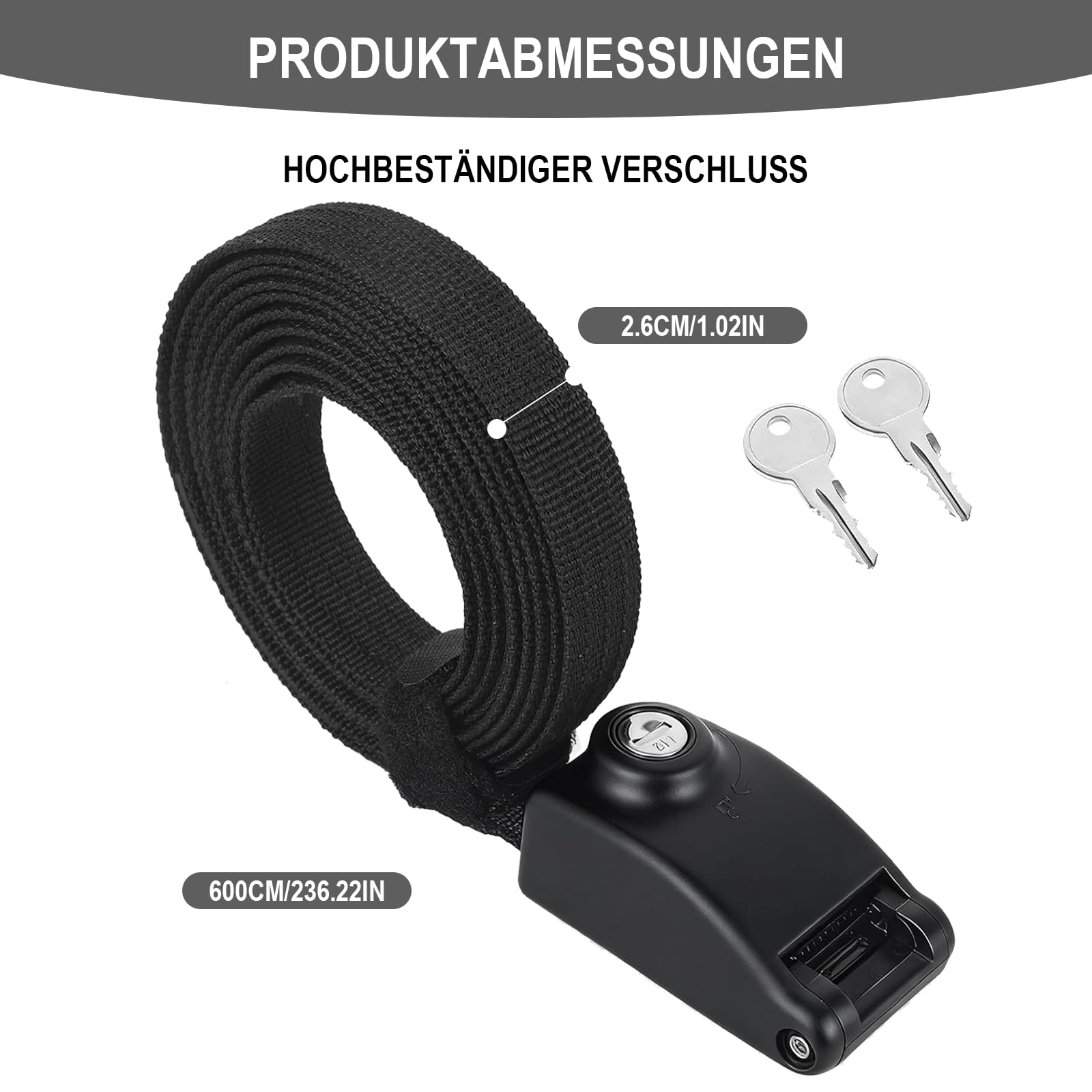 600 cm x 2,6 cm, cinghia di fissaggio chiudibile con serratura e chiave, per box da tetto e moto, cinghia di sicurezza per il fissaggio di bicicletta, tavola da surf, kayak