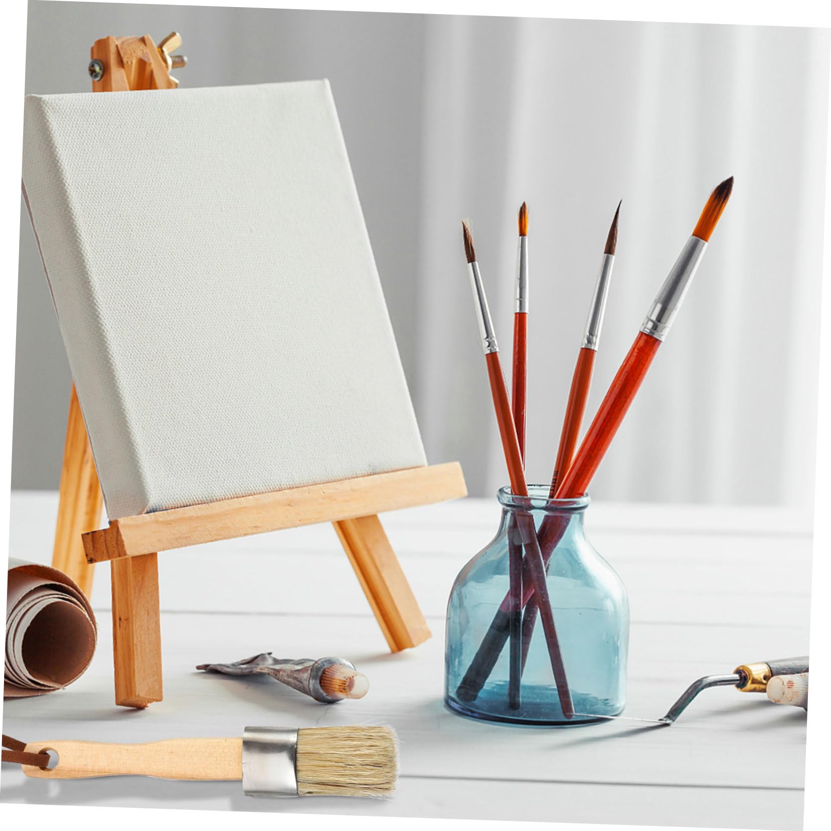 Lot de 5 Set de Pinceaux Ronds à Manche en Bois pour Peinture et Cire