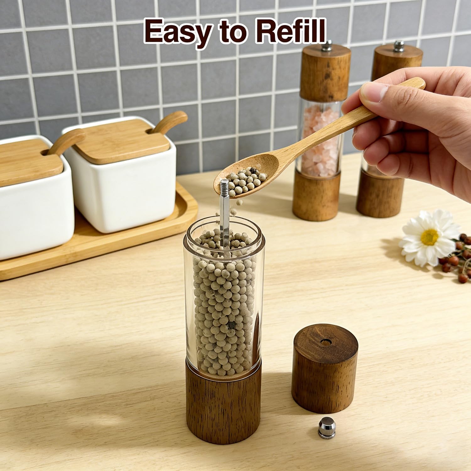 Acacia Wood & Acrylic Salt and Pepper Grinder Set, 8 Inch Adjustable Ceramic Core Mills, 2Pcs Premium Manual Spice Grinders for Gourmet Kitchens, Pepper Mill Set