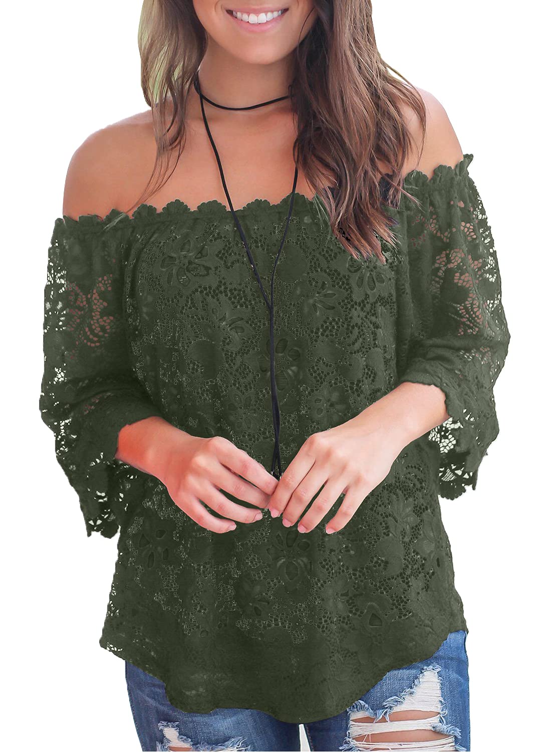 MIHOLL Women's Lace Off Shoulder Tops Casual Loose Blouse Shirts