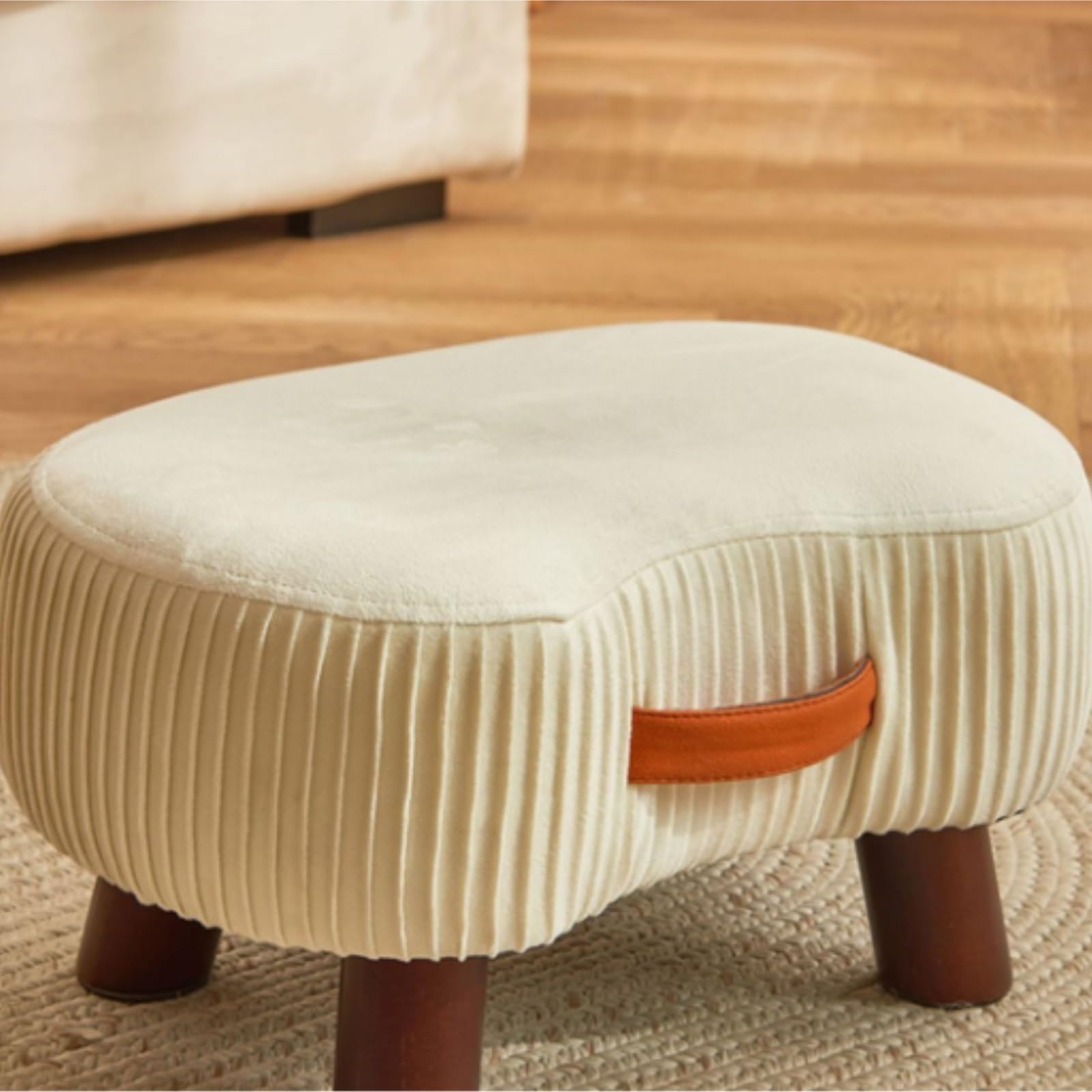 Ottomana Salón Reposapiés Cómodo, Suave, Corto, Tapizado De Felpa, con Asa Portátil Asiento Extra(Beige)