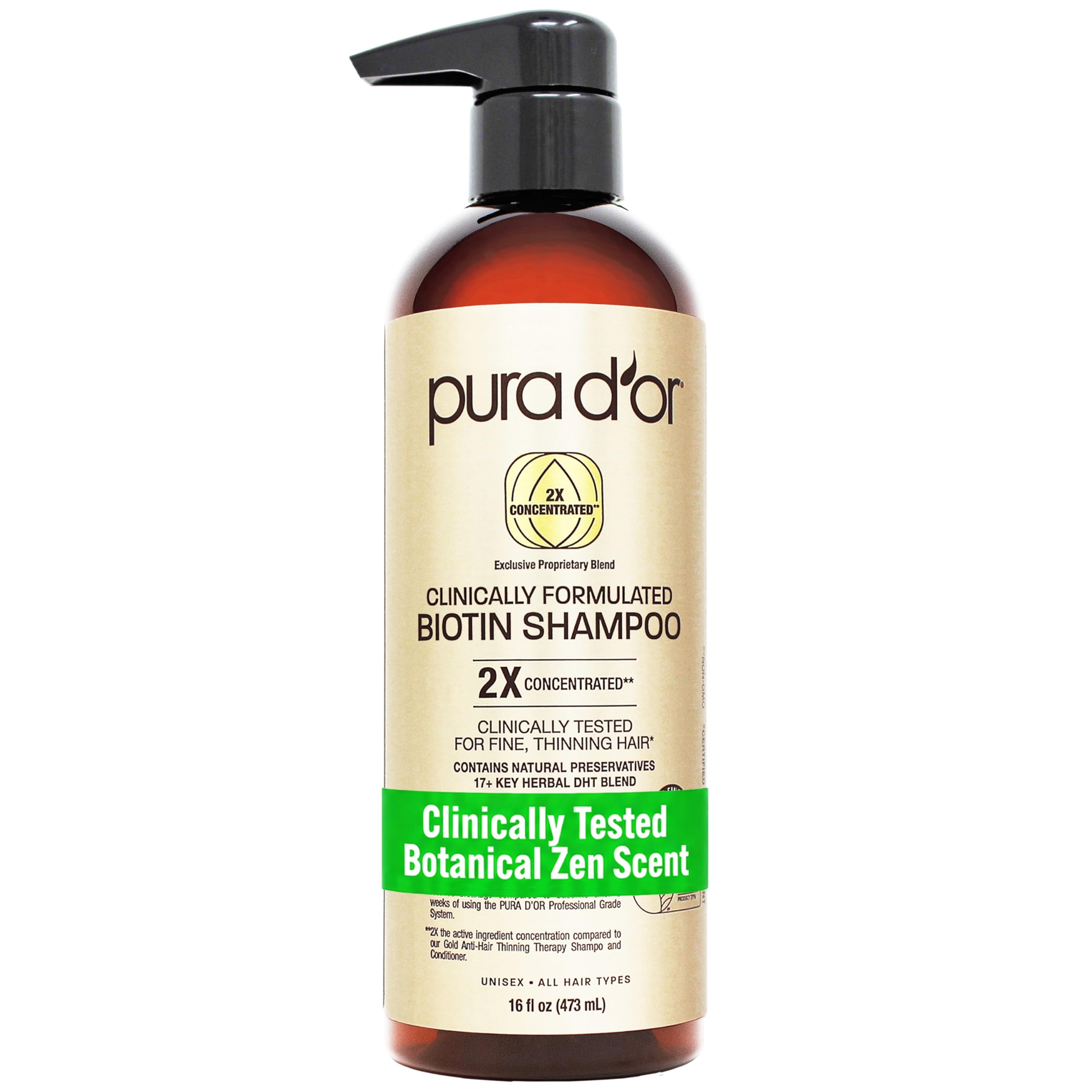 PURA D'OR プロフェッショナル品質 薄毛対策 2X 濃縮 有効成分 効果を高める 天然成分 臨床試験済み、硫酸塩フリー、男性 & 女性、473 ml（16 液量オンス） シャンプー