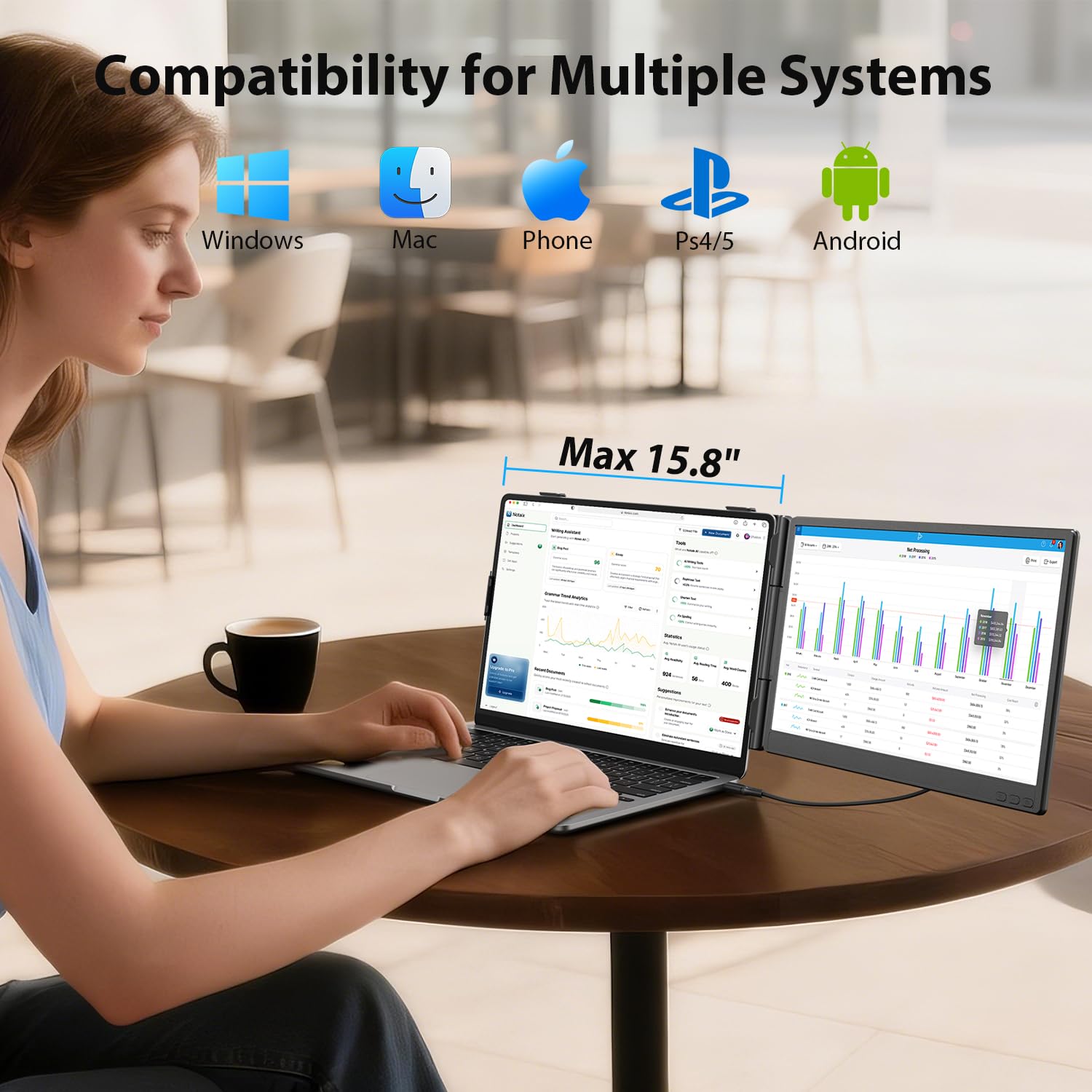 SMISEACOW Laptop Screen Extender Triple 15.6", 1080P FHD IPS 0.18" Ultra-Slim & 3.9 lbs, Plug-Play Portable Monitor for Laptops Fits 12-17.3" Laptops, Compatible with Win/Mac/Android thumbnail 7