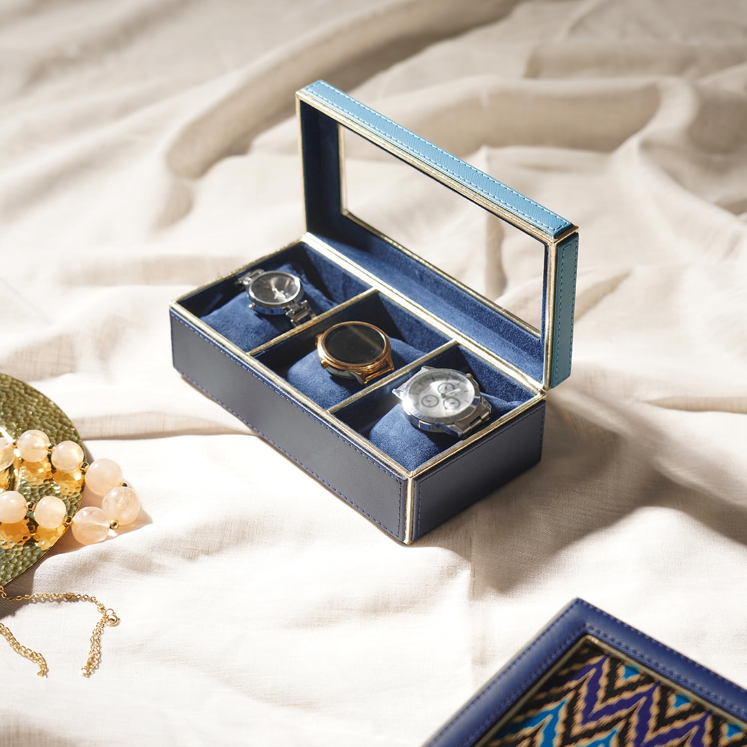 Pure Home + Living Teal 3 Compartment Faux Leather Watch Box, Holder with Glass Lid, Removable Velvet Cushion, 3 Slots, Watch Display, Teal (B0CDBW22HD) Amazon Price History, Amazon Price Tracker