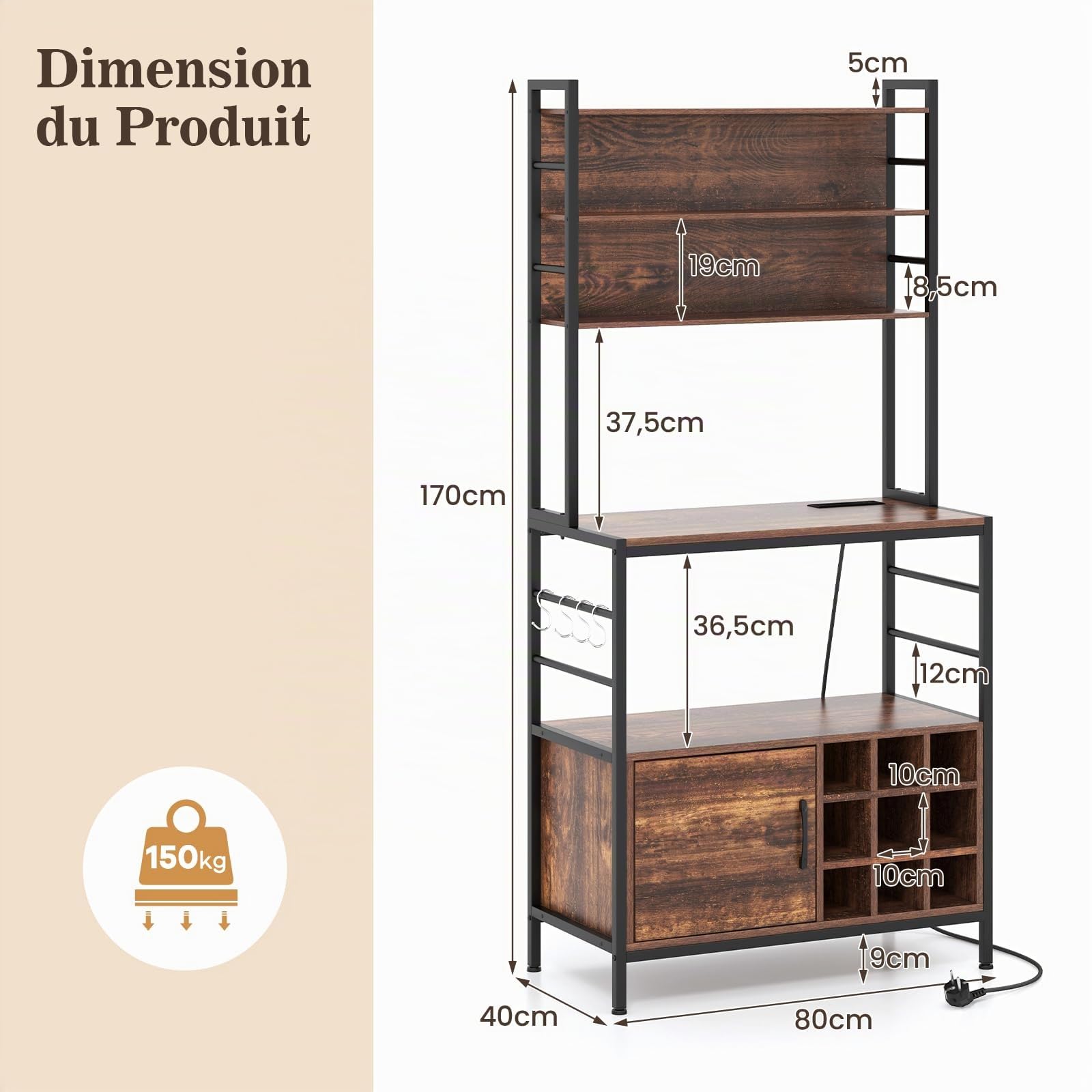 COSTWAY Étagère de Cuisine avec Prises de Courant, Armoire de Bar à Café avec Crochets, Porte-Bouteilles de Vin, Cadre en Métal Robuste, Support pour Micro-Ondes, pour Cuisine (Brun Rustique)