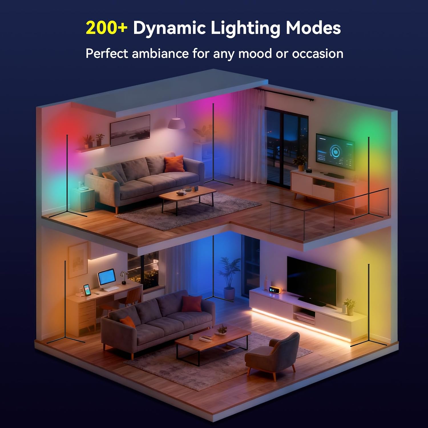 RGB LED Corner Floor Lamp - Smart App & Remote Control, Music Sync Color Changing Ambience Light with 16 Million Hues, Perfect for Bedroom, Living Room & Gaming Room