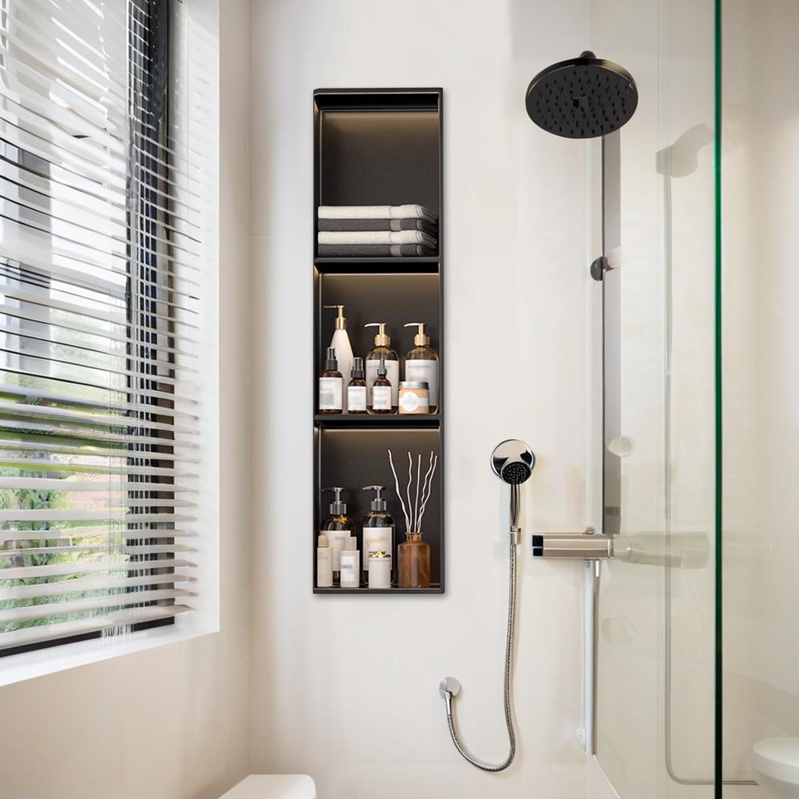 Niche de douche en acier inoxydable haut de gamme au design encastré noir mat pour salle de bain