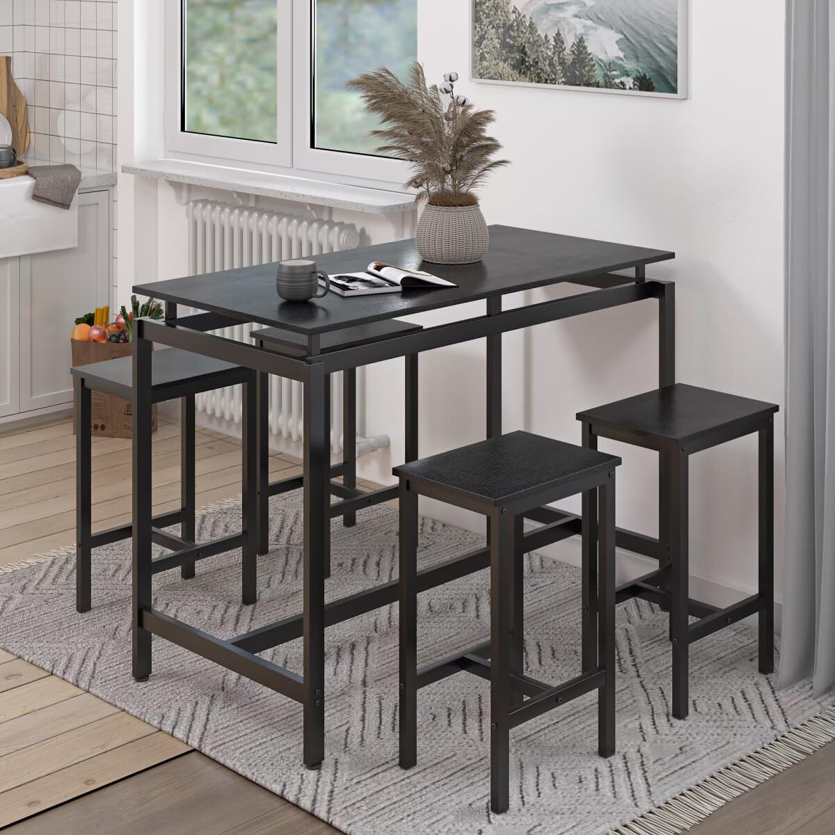 JIJIWANG 5 Pieces Dining Table Set for 4,Black Bar Table Set with 4 Bar Stools Counter Height Bar Table and Chairs Set. Pub Table Set Breakfast Table for Kitchen, Small Space, Black (1Table+4Chair