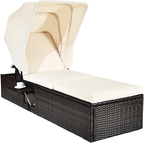 Tangkula Tumbona para exteriores con toldo plegable, silla reclinable acolchada ajustable con mesa de té abatible, tumbona de ratán para playa,