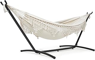 Mondeer Hängematte mit Gestell für 2 Personen - Verstellbare Doppelhängematte im Boho-Stil mit Getränkehalter & robustem Eisengestell, für Terrasse, Garten und Hof, Beige