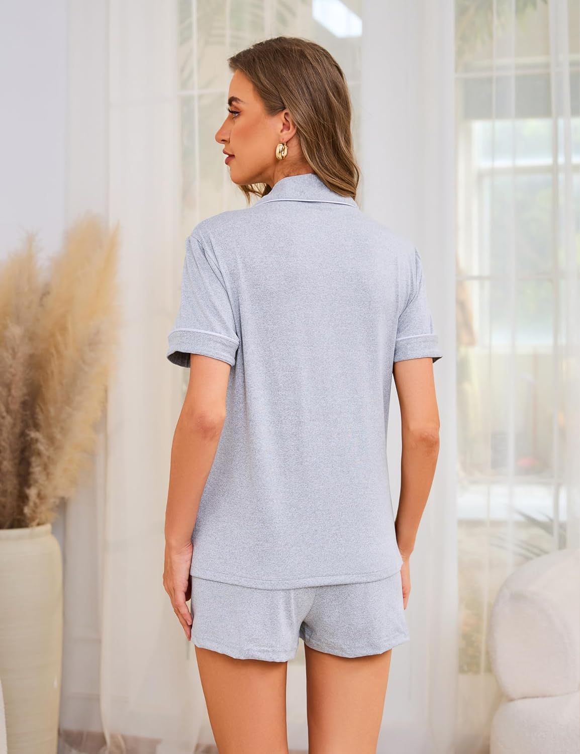 Pajama Set for Women 2 Piece Sleepwear Short Sleeve Button Tops and Pj Shorts Chest Pocket - Image 6