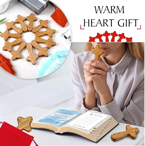 Miniatura 5 de Juego de 12 cruces pequeñas de madera de 4 pulgadas, cruces de bolsillo de Pascua de mano con bolsillo de terciopelo rojo y certificados, regalo de