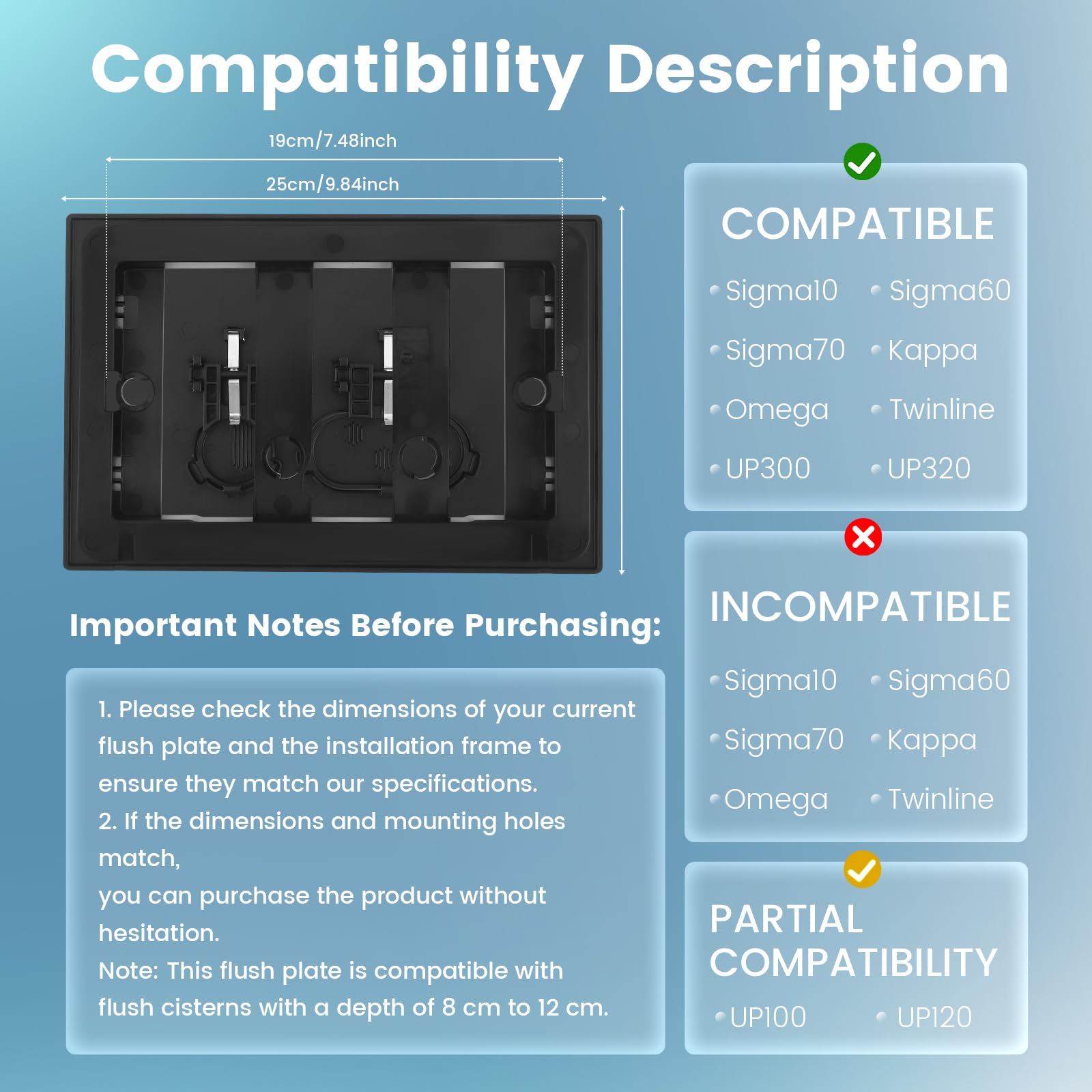 Placa de pulsador compatible con Geberit, placa de pulsador de inodoro, doble enjuague, con juego de palanca de descarga y marco de montaje, compatible con Geberit Sigma 01, 20, 30, 50, Up320 (negro)