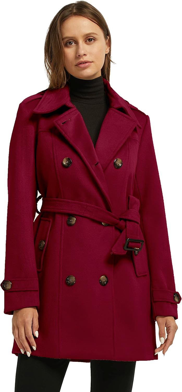 wantdo Women's Double Breasted Pea Coat Winter Mid-Long Trench Coat with Belt - Image 4