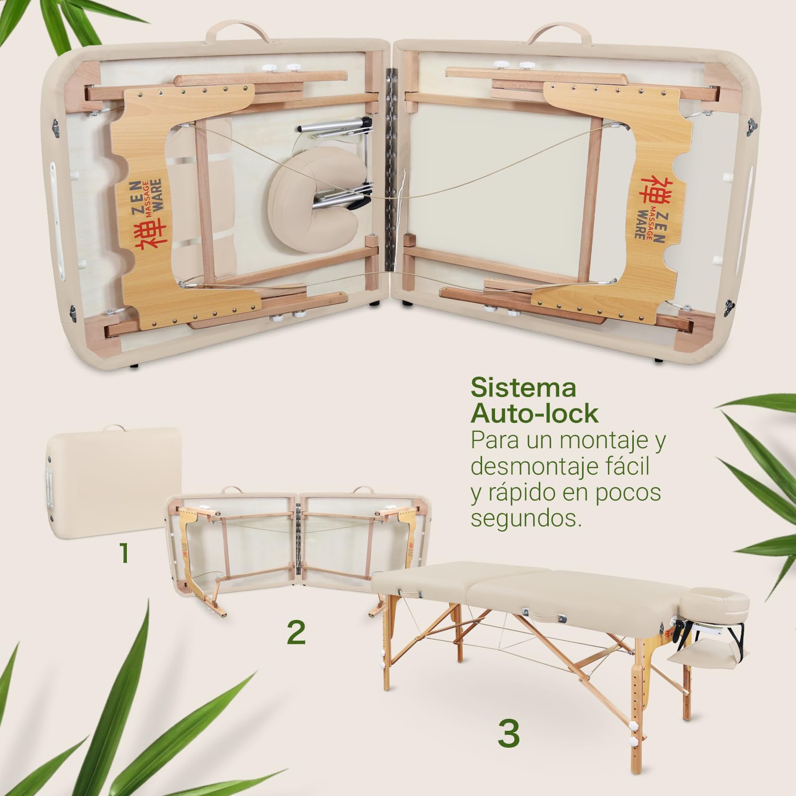 Zen – Camilla Masaje Plegable móvil de Esquinas Redondeadas Altura Regulable - Camilla estetica Madera Maciza para masajes Activos - Camilla Plegable con reposacabezas, reposabrazos y Bolsa Crema