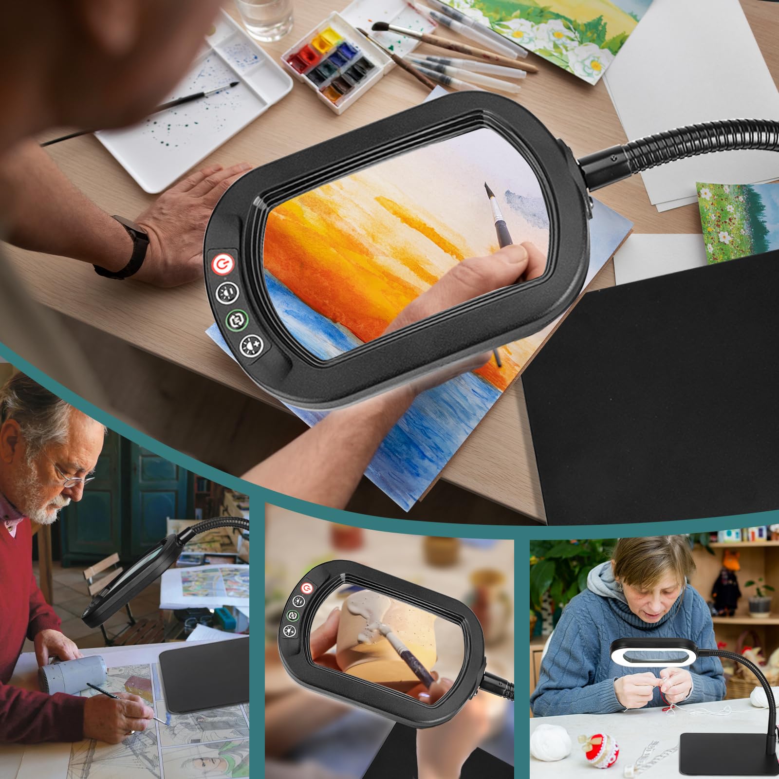 Drdefi 10X Rettangolare Lente di Ingrandimento con Luce LED, Lampada da Scrivania Flessibile con Collo di Cigno, 5 Modalità Colore