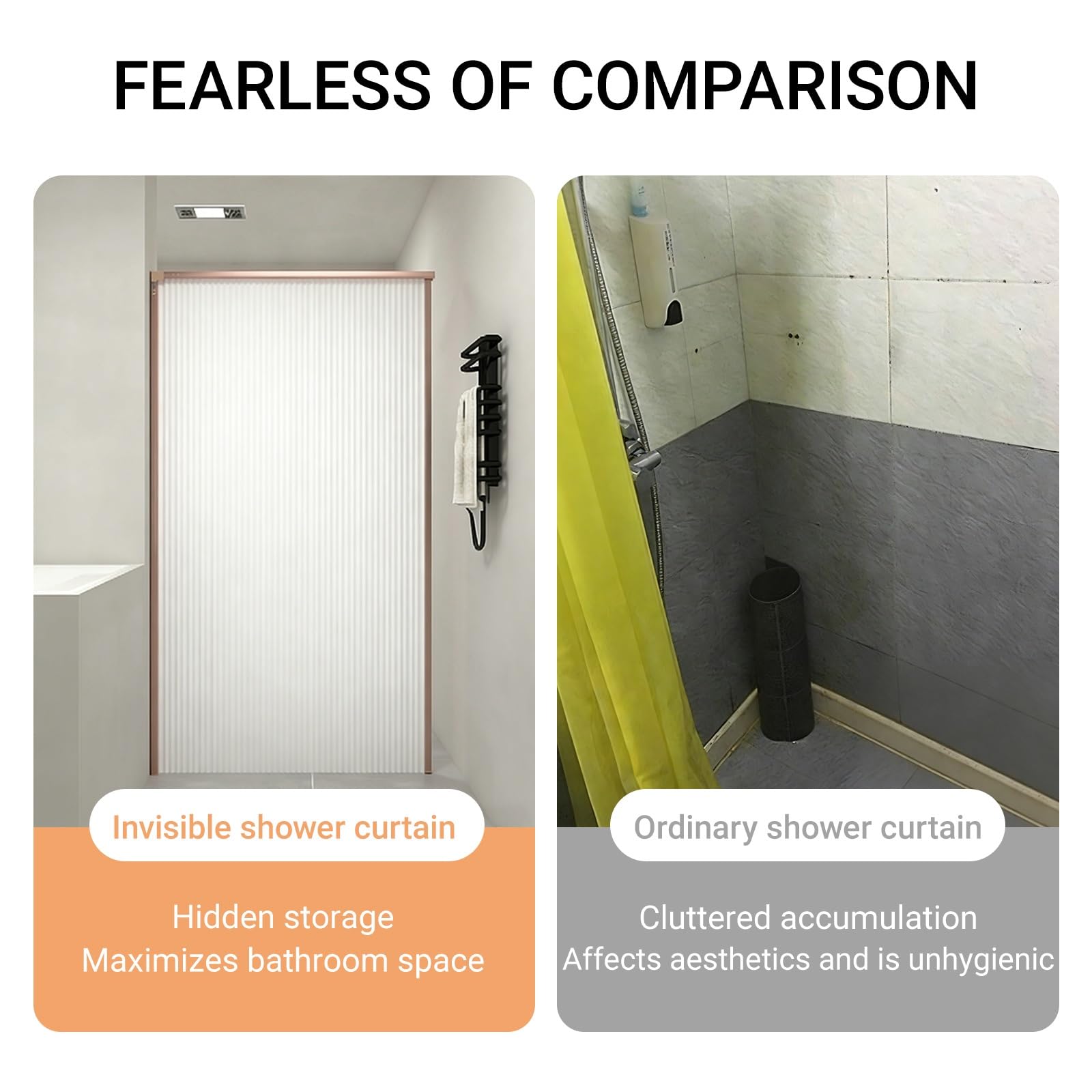 Cortina de ducha plegable invisible para baño, diseño de ahorro de espacio con estante, se adapta a huecos, 140 x 180 cm