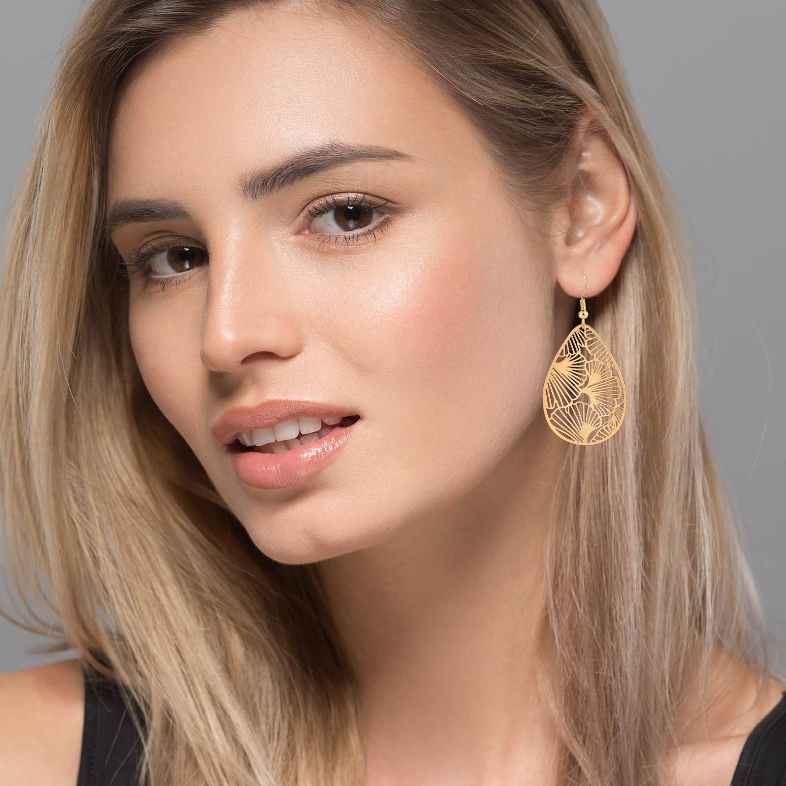 14K Gold vergoldet Blattgold Ohrringe für Frauen, Silber Ohrringe Hängend Damen mit Anhänger Tropfenform, Wassertropfen Schmuck für Geschenk