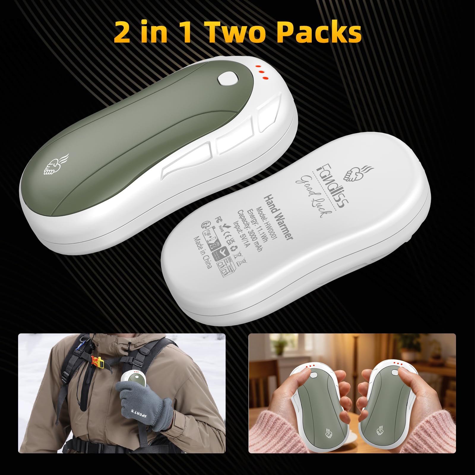 Scaldamani Ricaricabile,Scaldamani Elettrico Riutilizzabile,5200mAh Scaldamani Split Adatto Esterno/Pesca/Campeggio/Ciclismo e Alpinismo,Bianco Verde