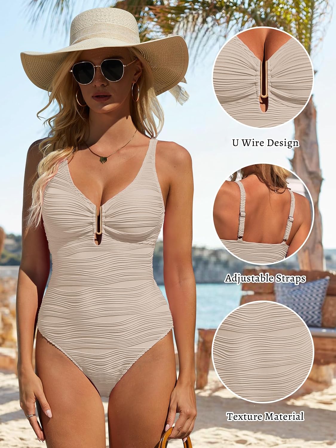 Womens One Piece Swimsuits Tummy Control Bathing Suit U-Wire Cutout Textured Slimming Swimsuit