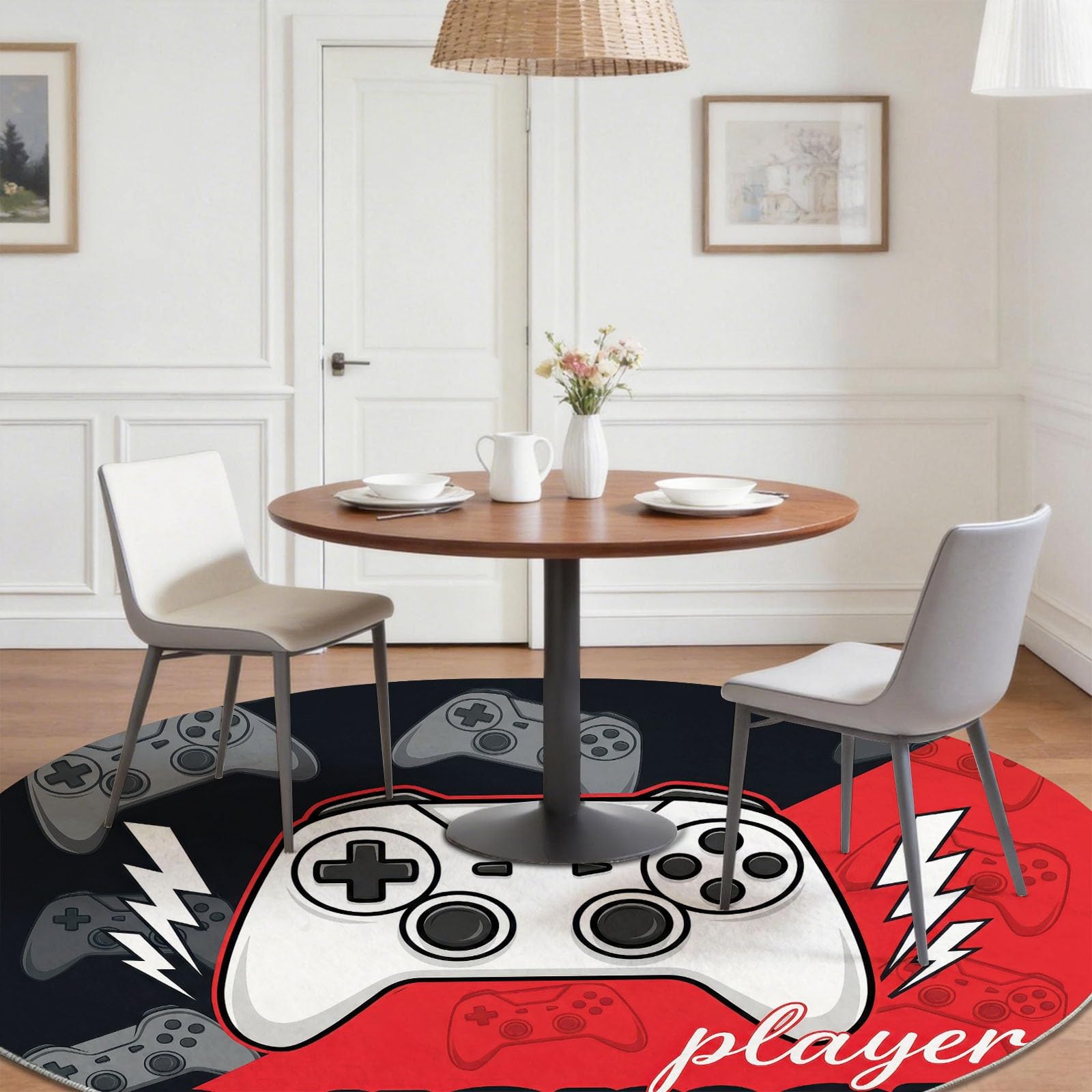 Tapis Rond Rouge Noir 180 cm, Tapis de Sol Lavable et Antidérapant Doux et Moelleux Manette, Tendance E-Sport Décoration pour Salle à Manger Salle de séjour Salle de Jeu