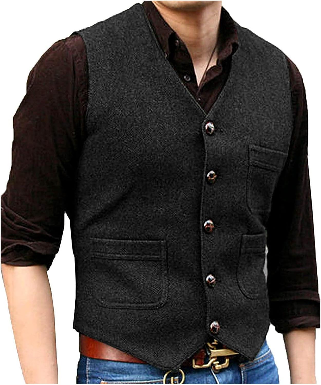 SOLOVEDRESS Mens Vintage Tweed Suit Vest V Neck Casual Wool Waistcoat for Wedding Groomsmen