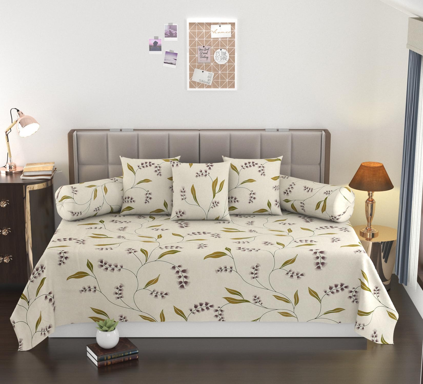 CHHILAKIYA Super Soft Tweed Flower Design Pure Cotton Designer Printed Standard Diwan Set(1 Single bedsheet, 3 Cushion Cover, 2 Bolster Cover, Greenish White)-image-22