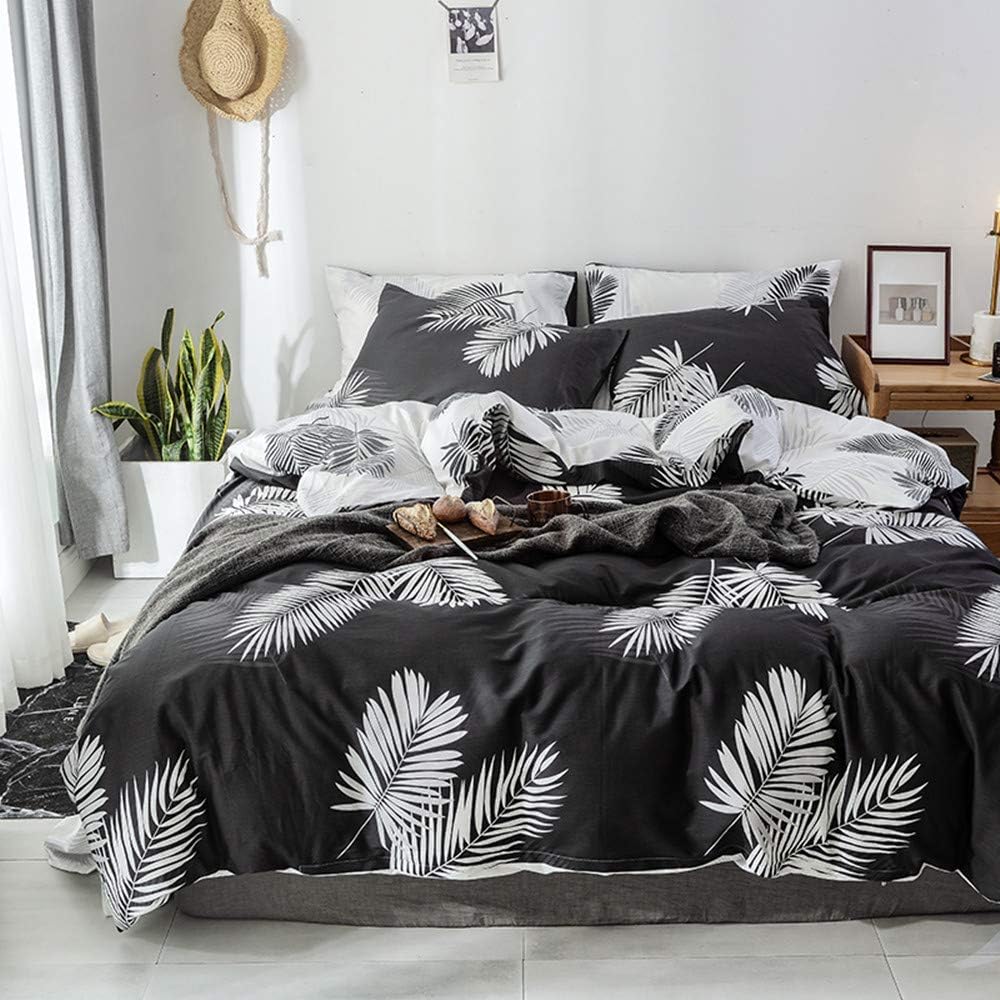 VM VOUGEMARKET Tropical Leaves Duvet Cover Queen,100% Cotton Reversible Black White Botanical Bedding Set,Teen Girls Comforter Cover with Zipper Closure