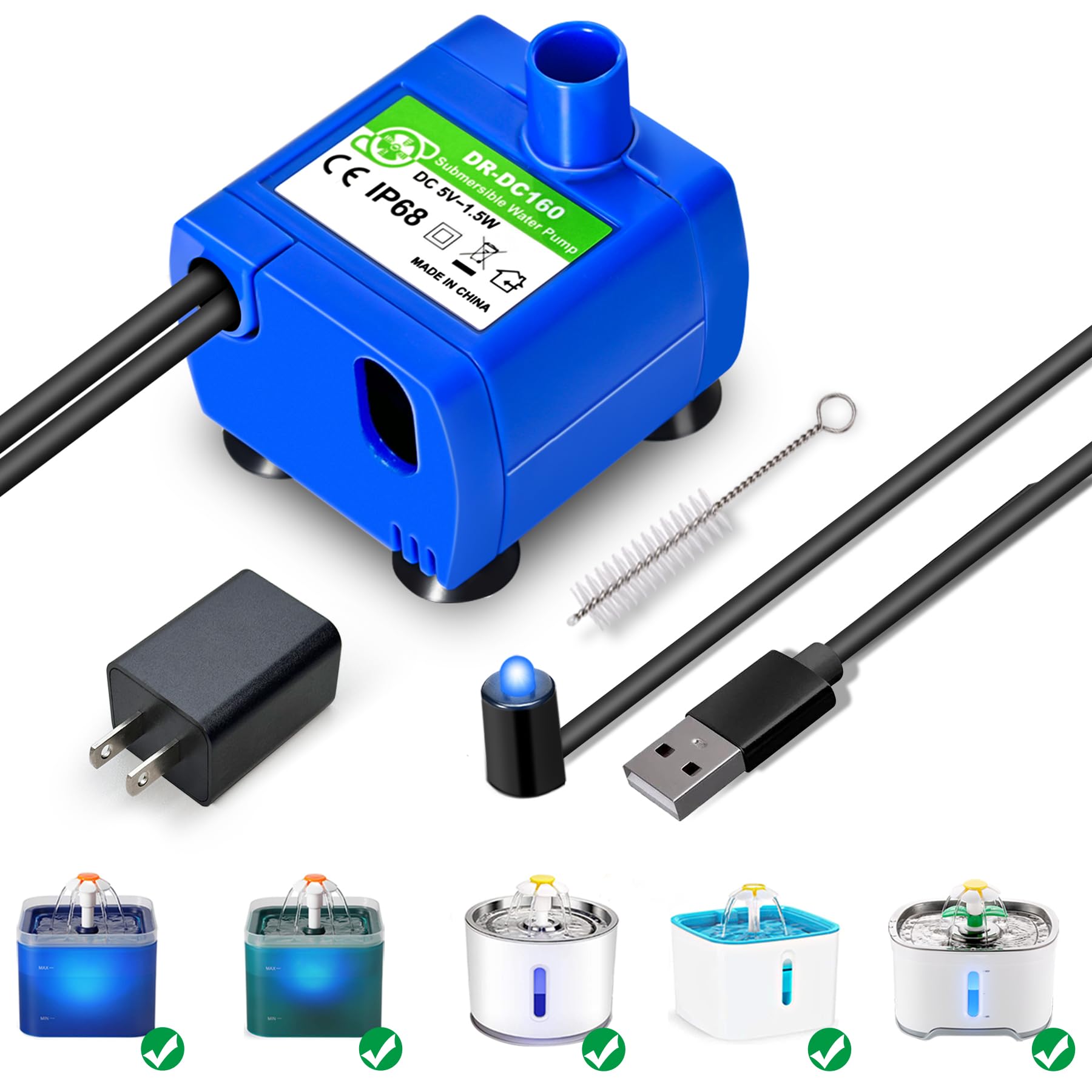 Cat Water Fountain Pump, Pet Water Fountain Pump Compatible Motor, DR-DC160 for Cat Drinking Fountain Cat Water Dispenser Replacement (with LED&