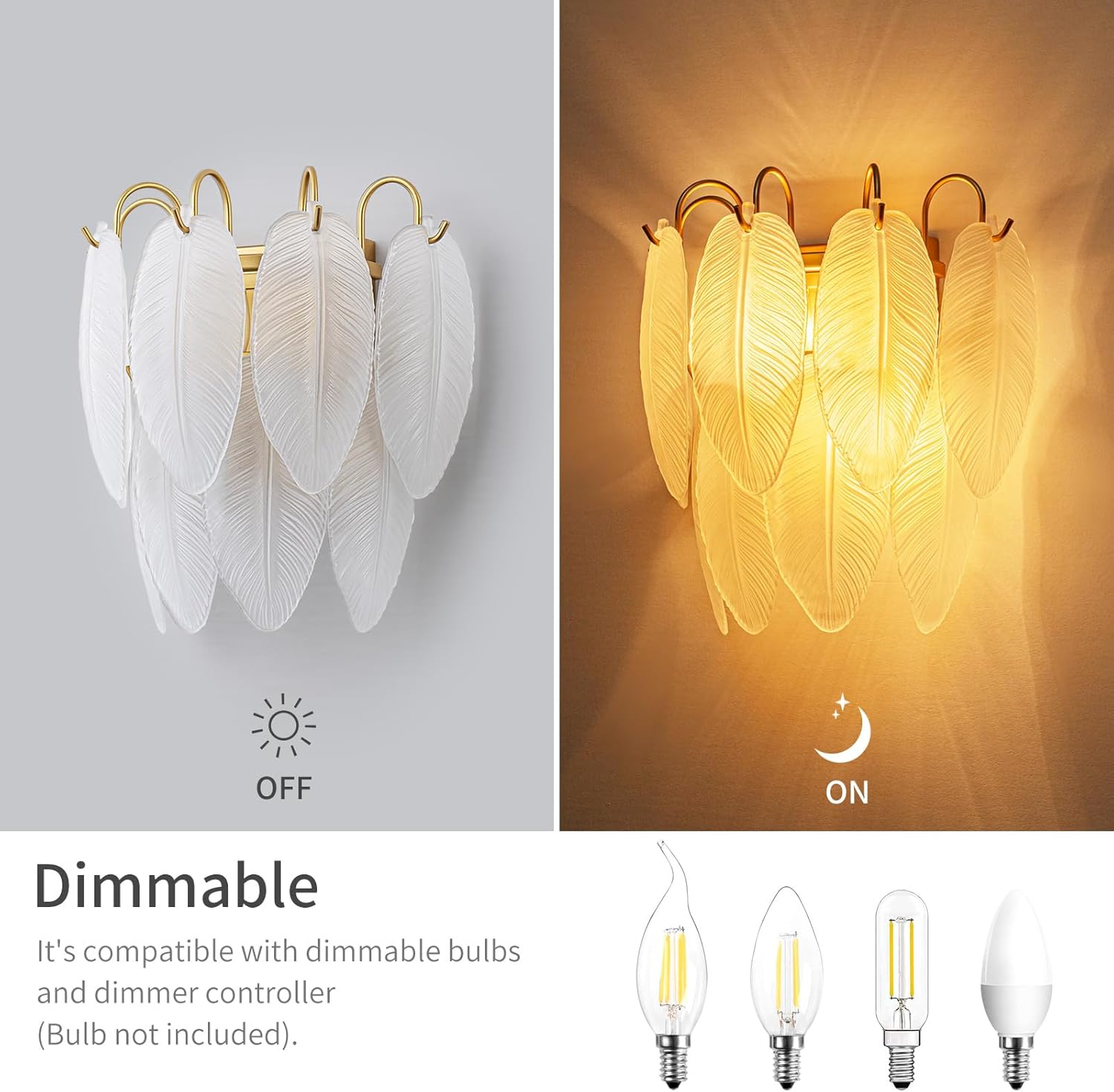 2-Light Gold Wall Sconces, Modern Design Indoor Wall Lamp, Vanity Wall Mount Light Fixture for Bathroom, Hallway, Bedroom, Frosted Feather-Shaped Glass Shade & Brass Finish Frame