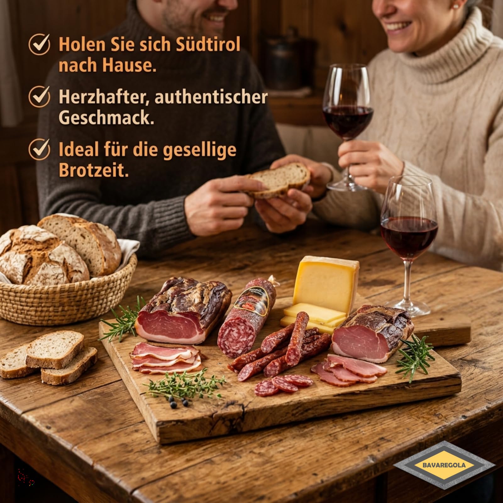BAVAREGOLA Südtiroler Präsentkorb 6er Marende Alpen Genuss Tiroler Brotzeit Box mit Speck Käse Salami Schinken Kaminwurzen Premium Feinkost Geschenk