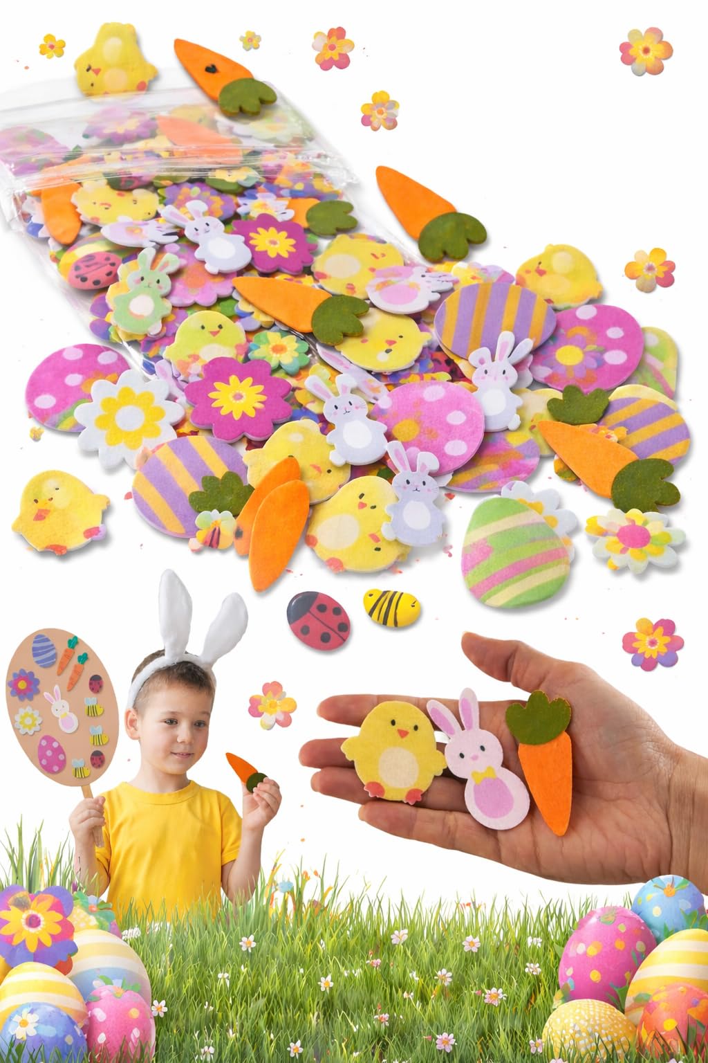 Hovuk School Easter Activities 93Pcs Easter Foam Stickers For Kids Craft Kit, Self Adhesive Eva Easter Stickers With Bunny Chick Egg Flower Shapes, Easter Bonnet Decorations Art Craft Supplies
