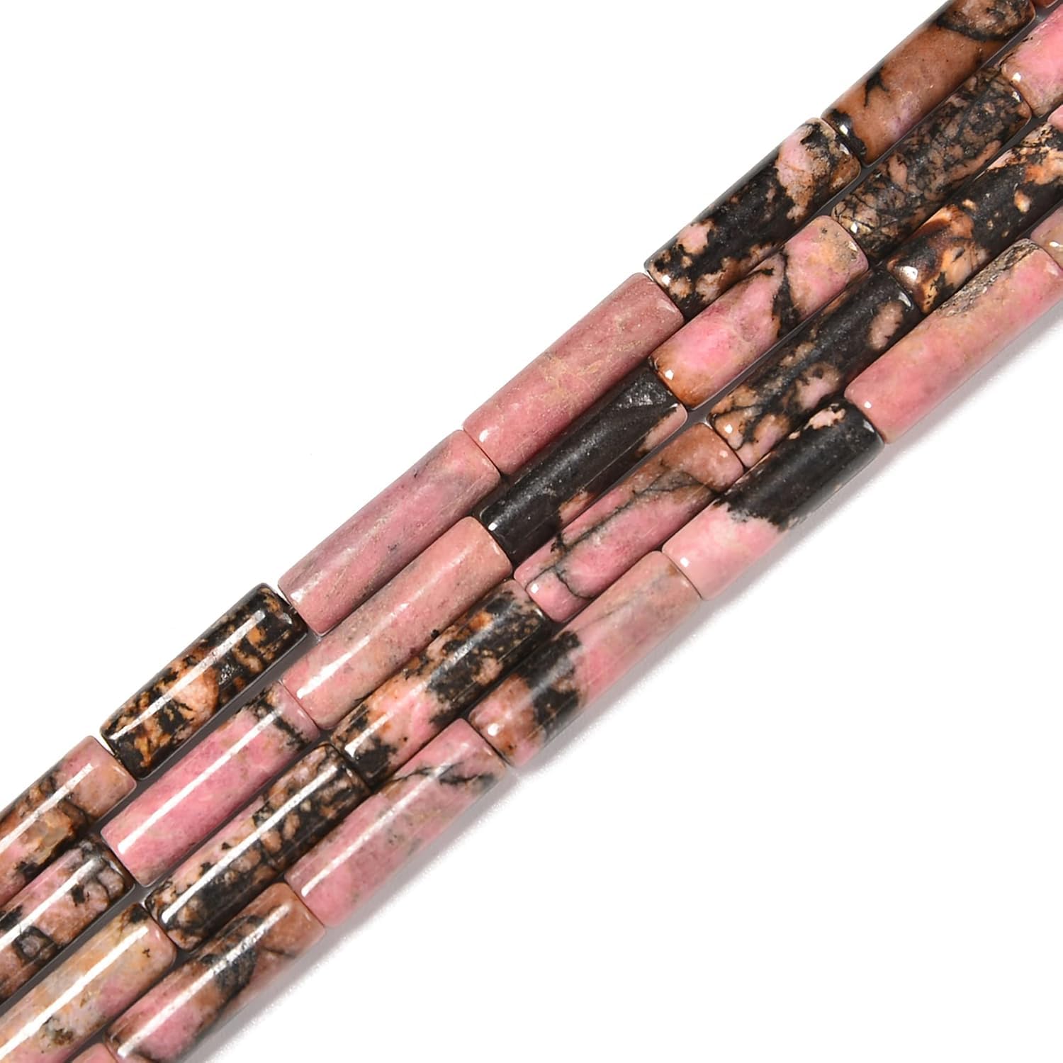 HAAMIIQII Natural Pink Black Rhodonite Tube Beads 13x4mm Column Stone Cylinder Gemstone Loose Beads for Jewelry Making Strand 15 Inch (28-29pcs)