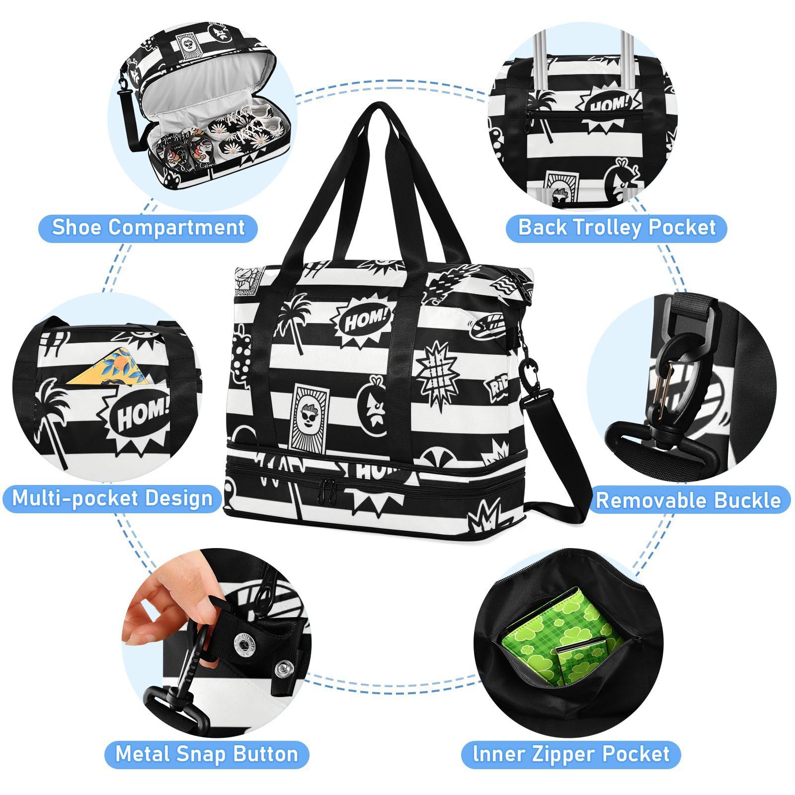 Reisetasche mit Nassfach, verstellbarer Riemen, für Trekking, multifunktional, für Damen und Herren, Schwarz / Weiß gestreift
