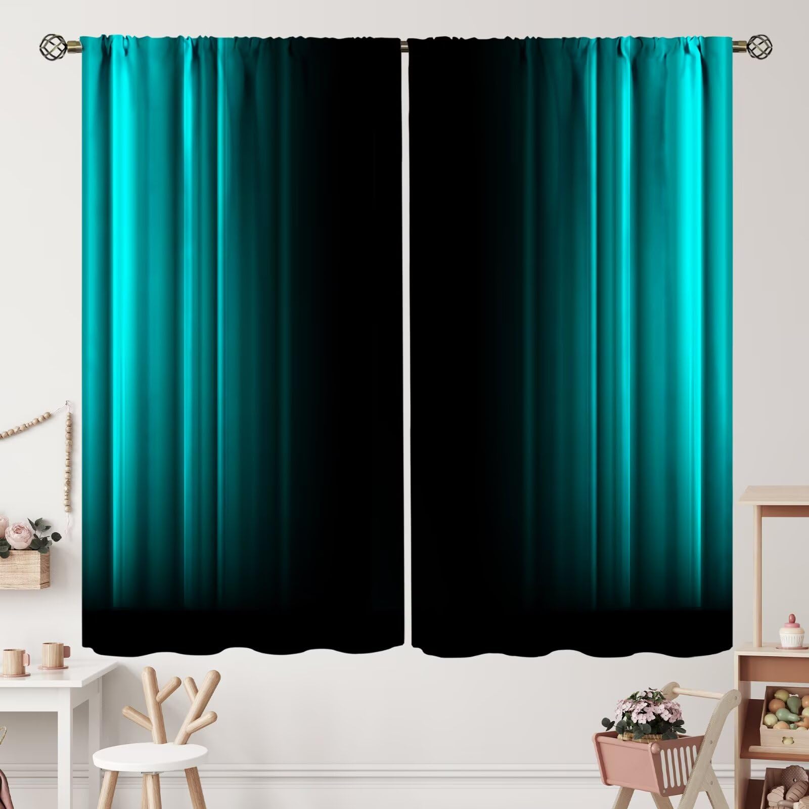 ZhiRain Abstract Ombre Curtains Kids Teens Teal and Black Curtain with Rod Pocket for Bedroom Living Room Home Decor Drapes Thermal Insulated Window