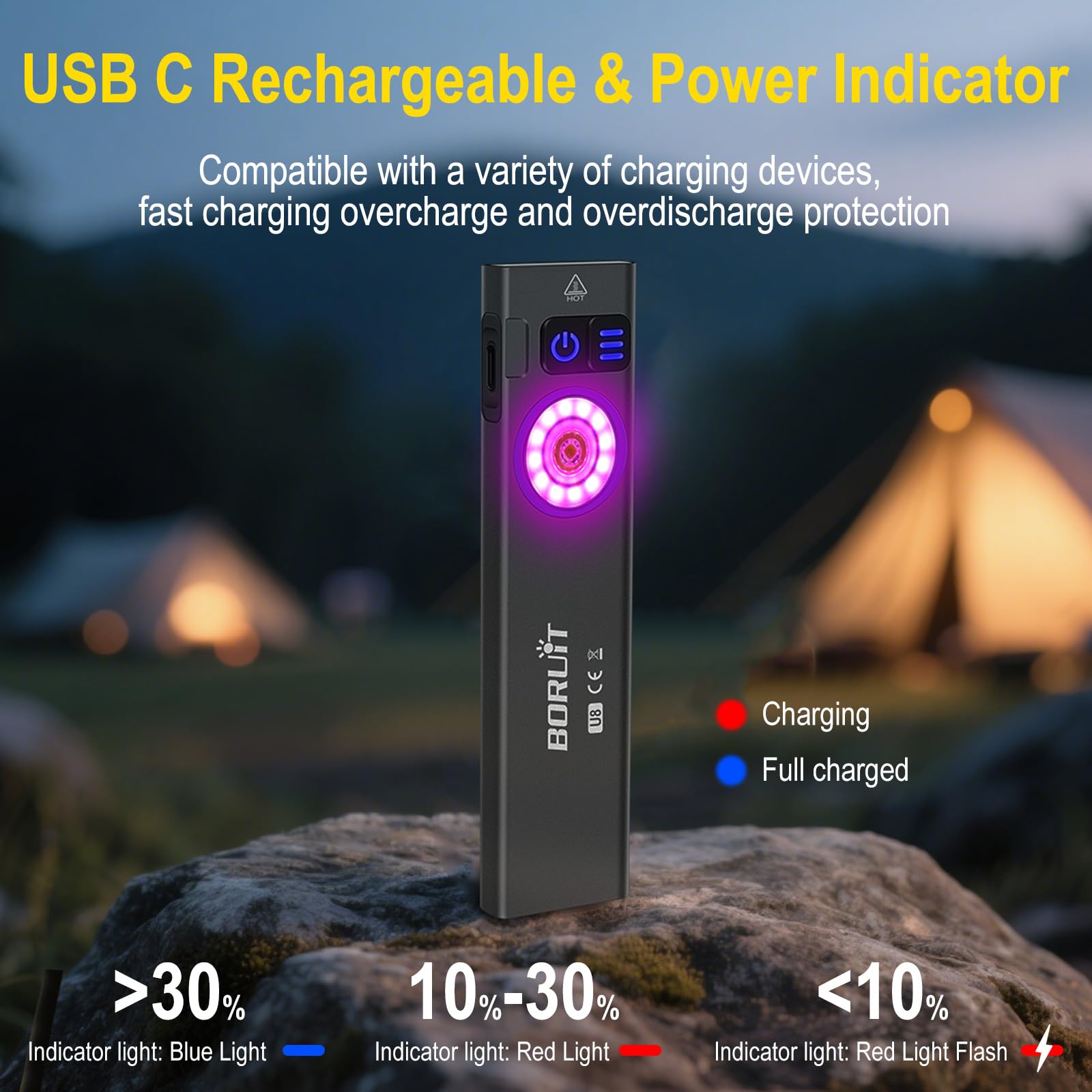 BORUIT U8 Mini Torcia LED EDC Piatta 650 Lumen, Ricaricabile USB-C con Luce Bianca, Gialla e RGB, IP67 Impermeabile, Base Magnetica e Clip per Campeggio, Escursioni ed Emergenze