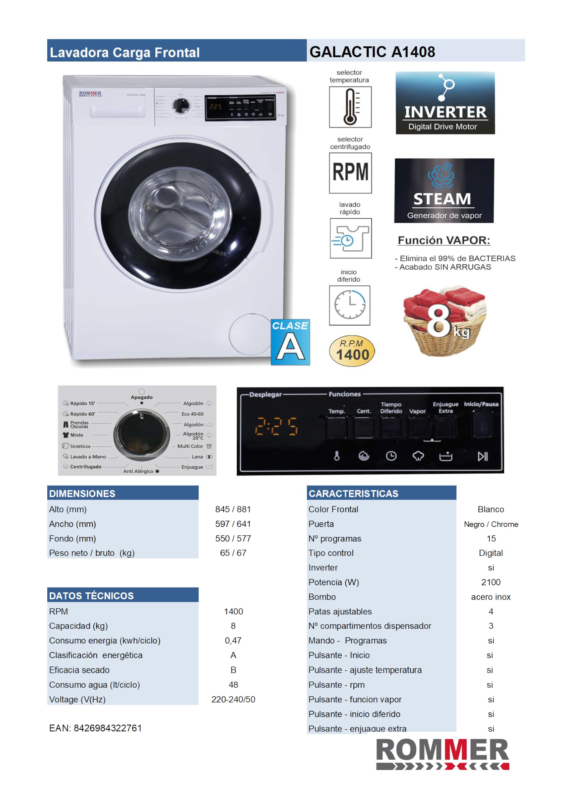 Lavadora Rommer Galactic A1408 carga frontal, capacidad 8 Kg, Clasificación energética clase A, blanco