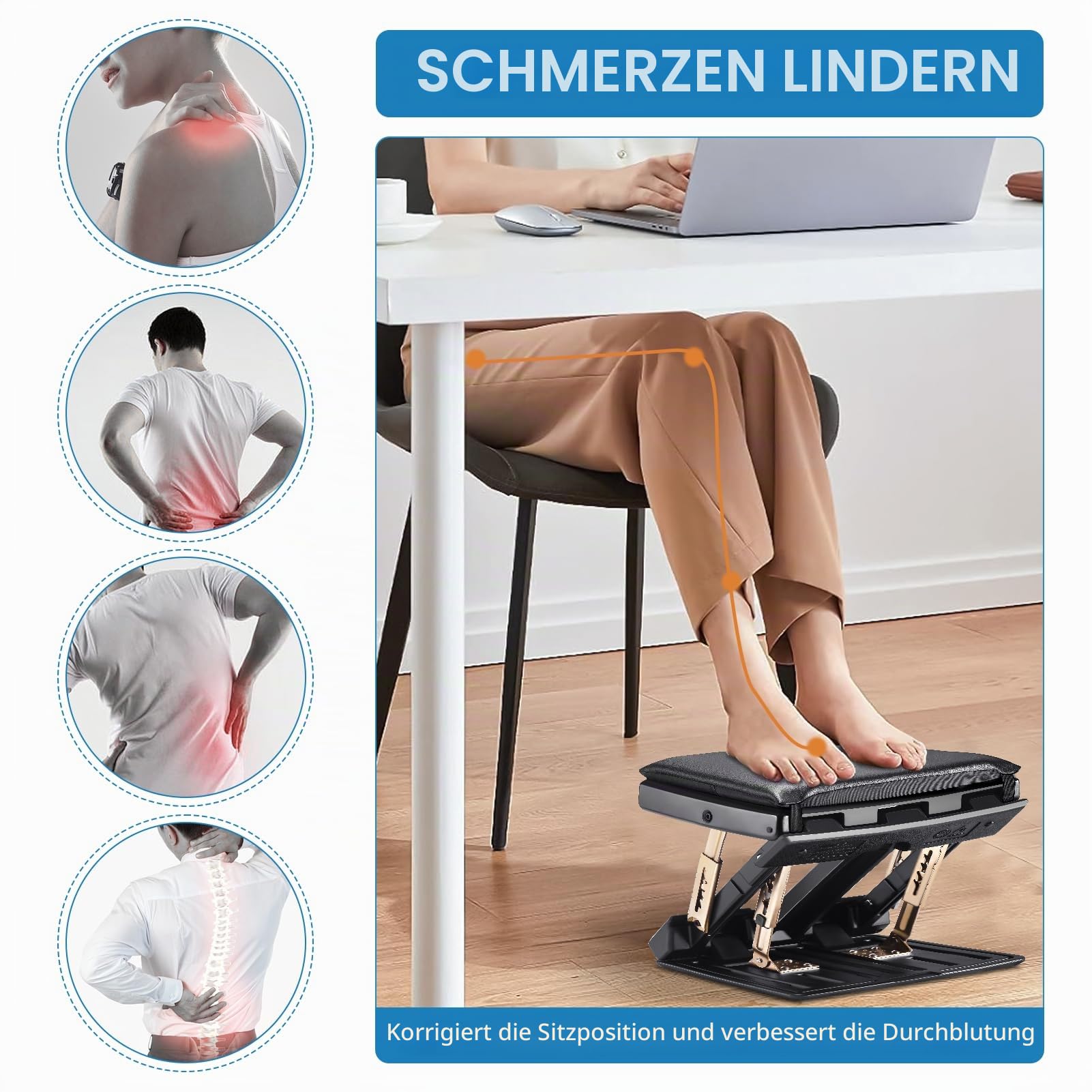 Schreibtisch Fußstütze, Verstellbare Ergonomische Fußstütze mit Massageoberfläche, 4 Höhen- & 3 Neigungseinstellungen, Rutschfeste Büro Fußstütze für Haltungsunterstützung und Beinkomfort