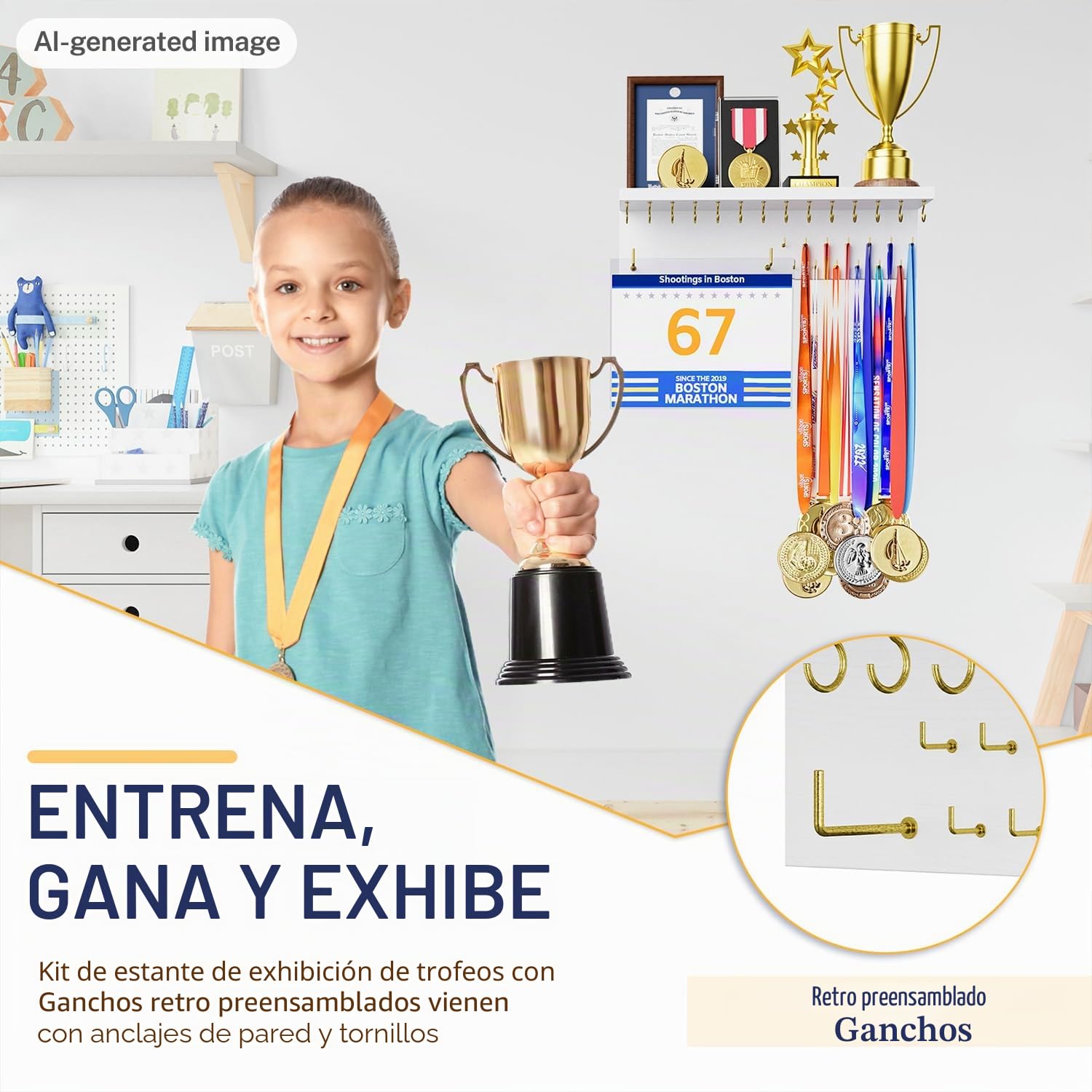 Soporte para medallas, organizador de trofeos, estante de madera resistente para colgar trofeos