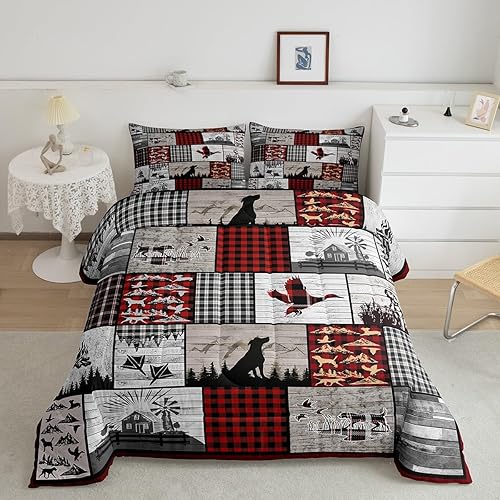 Feelyou Juego de ropa de cama de perro de caza de patos, juego de edredón rústico a cuadros, edredón de pato malardo, para niños, niñas,