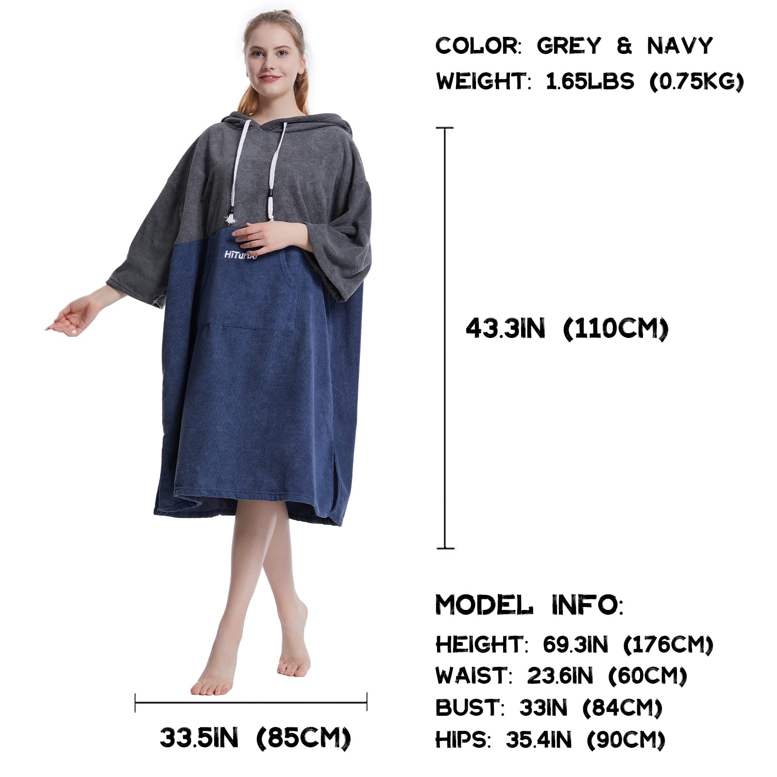 Hiturbo Bata cambiadora, poncho toalla de baño con capucha para playa, natación, surf, Gris y azul marino, 43.3 x 33.5 inch