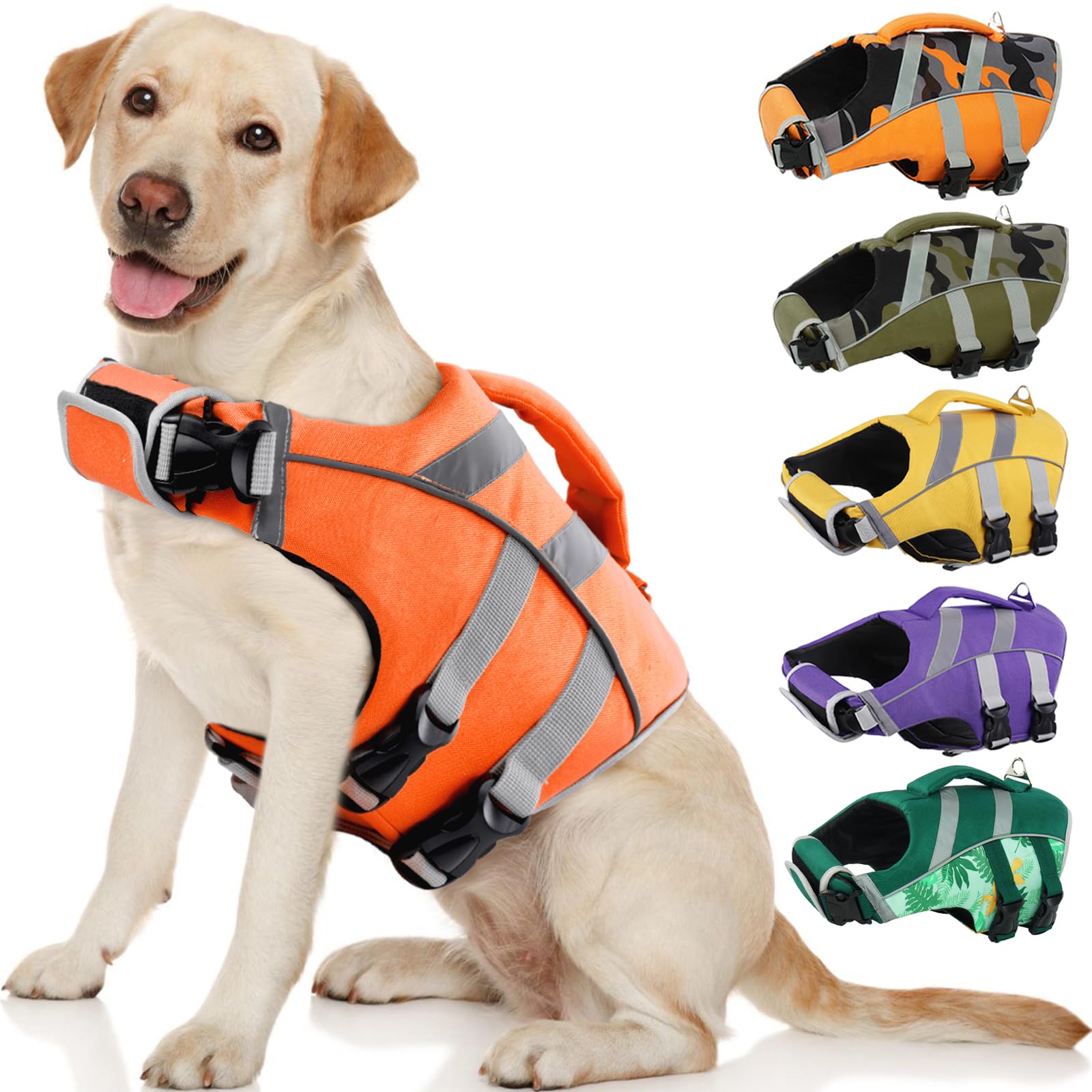 Kuoser Dog Life Jacket with Reflective Stripes - Adjustable High Visibility Vest, Ripstop Lifesaver, Pet Preserver with High Flotation Swimsuit for Small, Medium and Large Dogs
