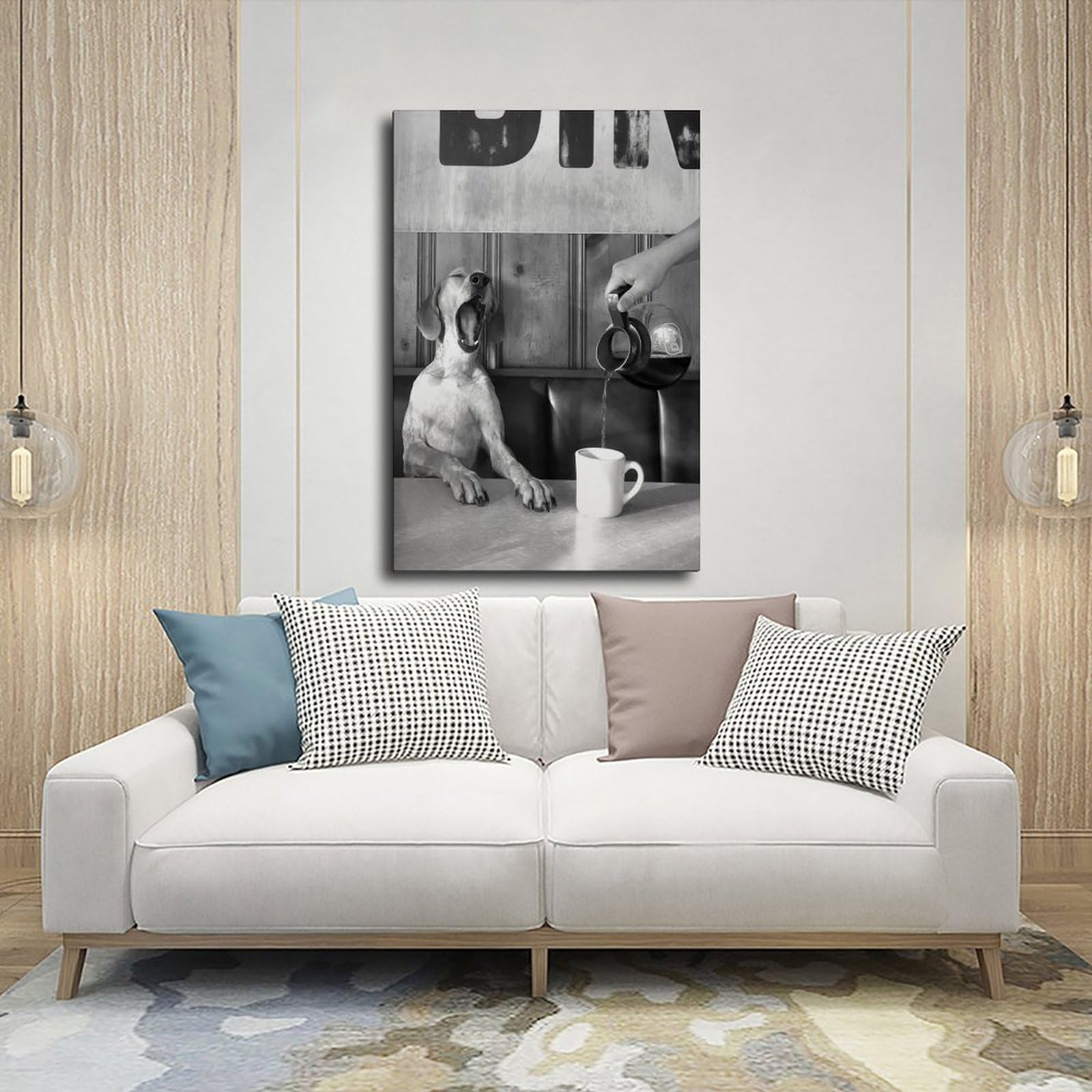 Póster de lienzo retro en blanco y negro con diseño de perro bebiendo café, decoración de dormitorio, paisaje, oficina, habitación, regalo, 40 x 60 cm