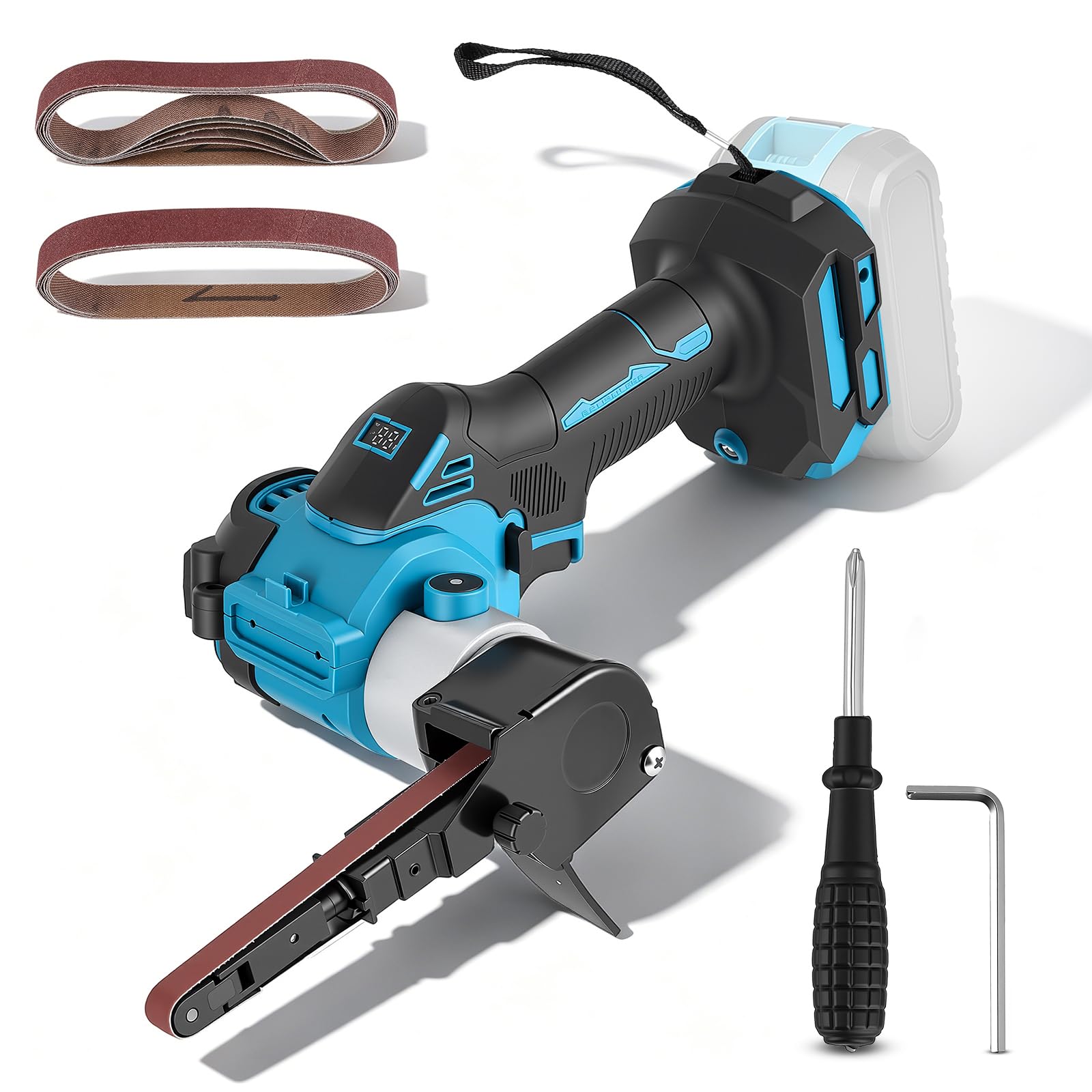 Levigatrice a nastro a batteria compatibile con Makita 18 V, lima a nastro senza spazzole con 20 nastri abrasivi, levigatrice elettrica a nastro per legno, metallo, plastica, braccio regolabile a 360°