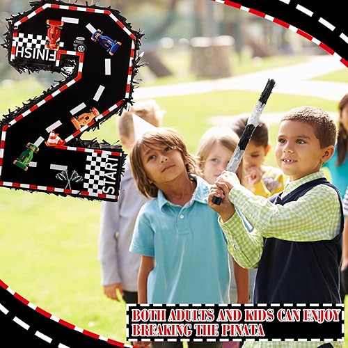 Miniatura 3 de Sratte Piñata pequeña de carreras con número de coche de carreras con murciélago y confeti para niños con temática de automóvil de carreras,